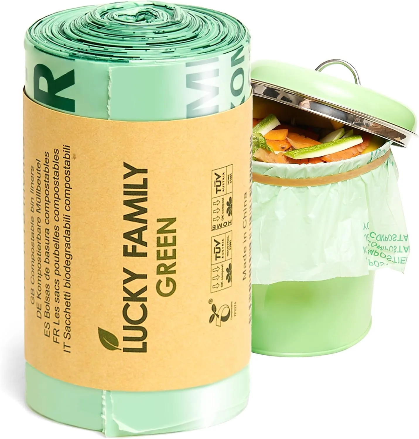 Lucky Family Green Compost Bags for Kitchen Countertop Bin - 13 Gallon Trash Bags - 100% Compostable Trash Bags for Food Waste - Organic Eco Friendly Biodegradable Bags - 25 Recycle Bags in Roll