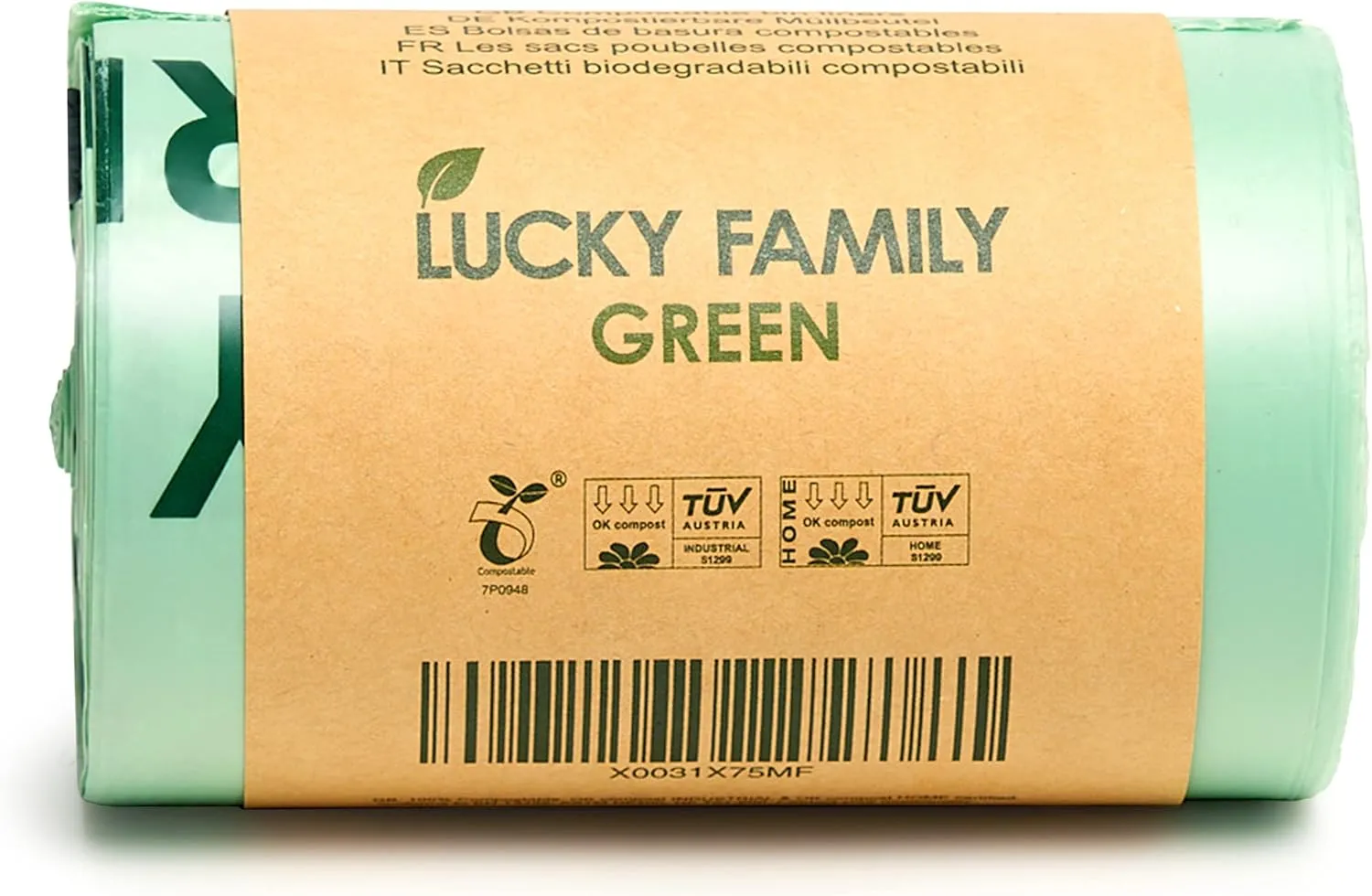 Lucky Family Green Compost Bags for Kitchen Countertop Bin - 13 Gallon Trash Bags - 100% Compostable Trash Bags for Food Waste - Organic Eco Friendly Biodegradable Bags - 25 Recycle Bags in Roll