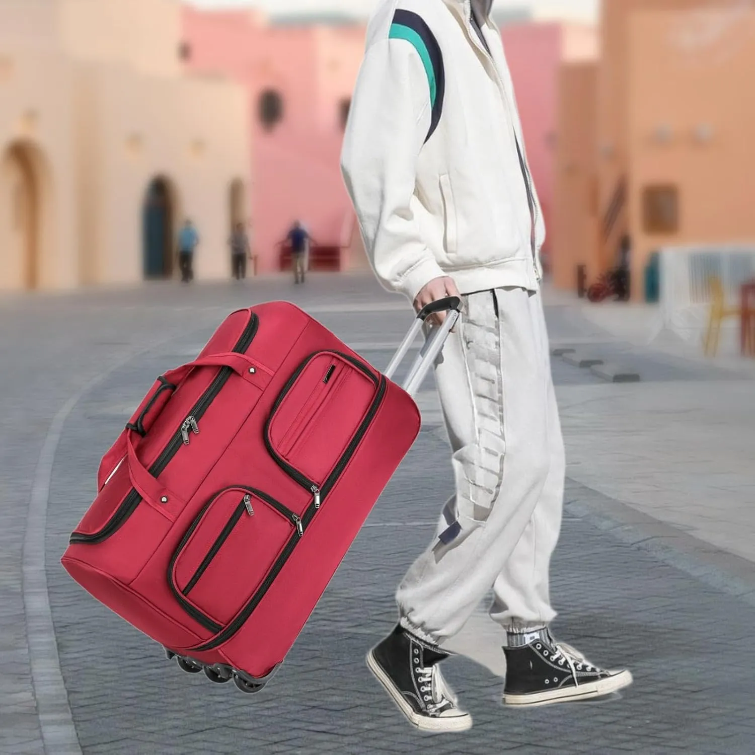 Luggage Bag with Wheels Travel Suitcase Easy to Use, Convenient, Wheeled Rolling Duffel Bag for Outdoor Men and Women, Red
