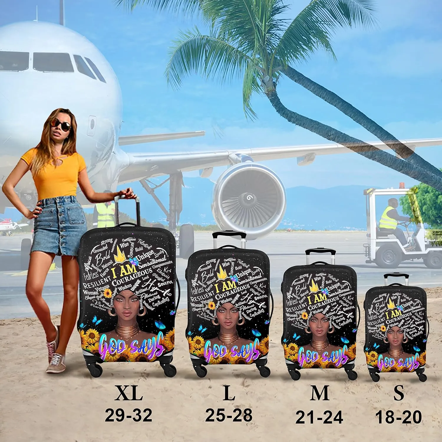 Luggage Cover Approved Cute Travel Suitcase Protector African American Elastic Washable Suitcase Covers for 21-24 Inch Girl Luggage(M)