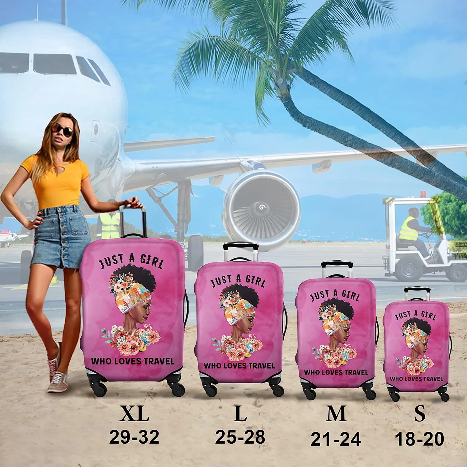 Luggage Cover Approved Cute Travel Suitcase Protector Pink Black Girl Elastic Washable Suitcase Covers for 18-20 Inch Luggage(S)