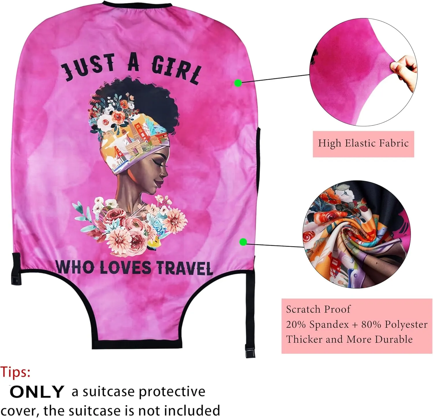 Luggage Cover Approved Cute Travel Suitcase Protector Pink Black Girl Elastic Washable Suitcase Covers for 18-20 Inch Luggage(S)