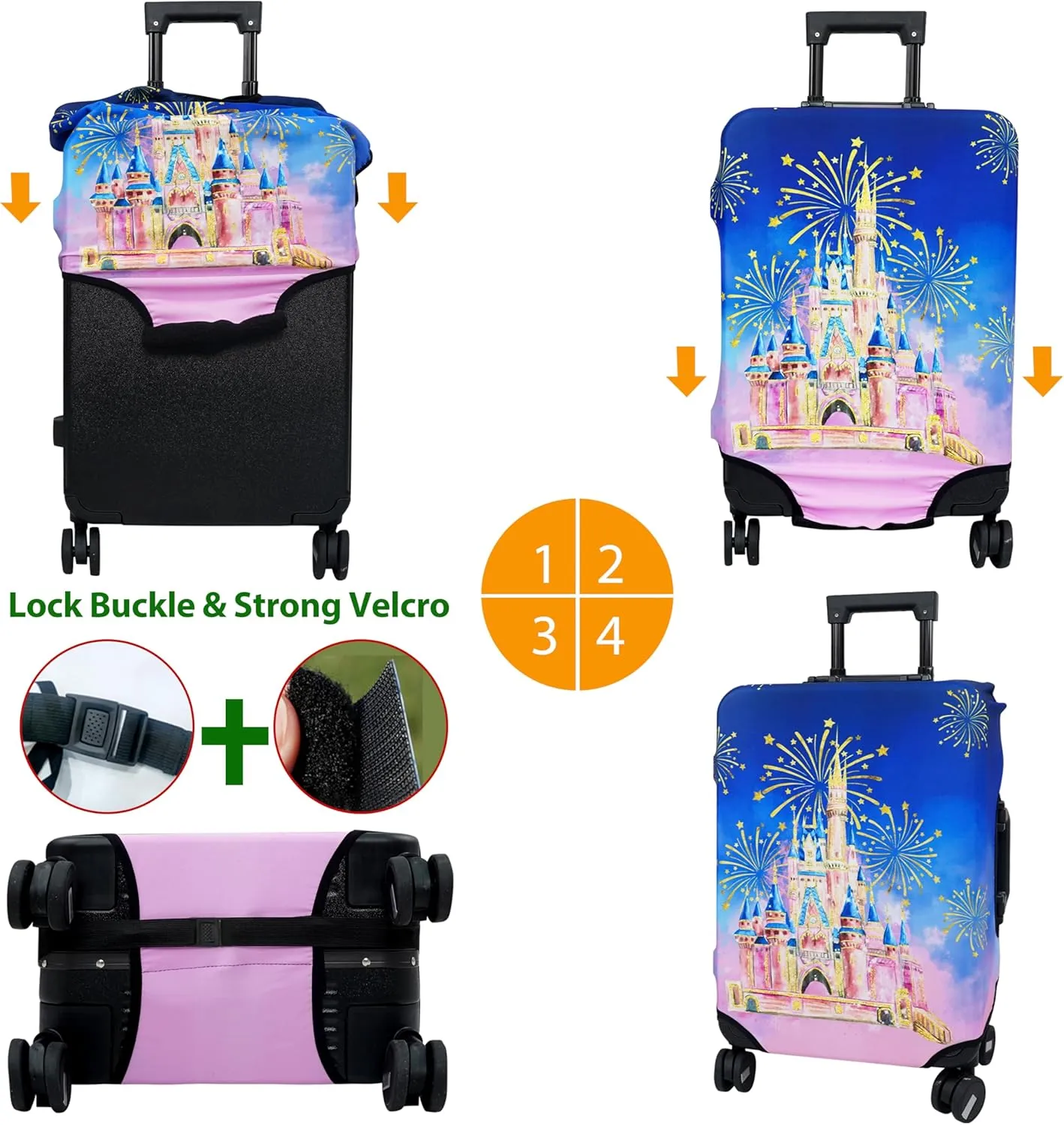 Luggage Cover Approved Travel Suitcase Protector Pink Castle and Fireworks Elastic Washable Baggage Covers for 21-24 inch Luggage (M)