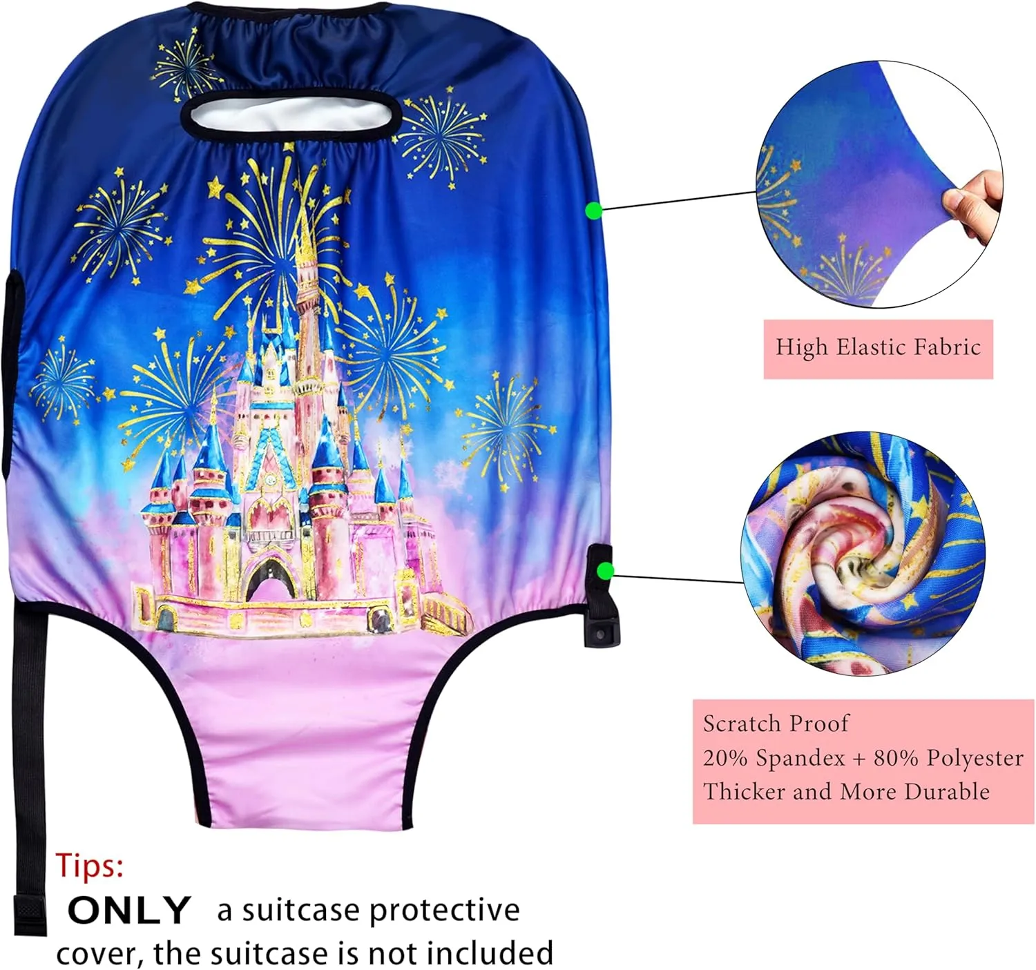 Luggage Cover Approved Travel Suitcase Protector Pink Castle and Fireworks Elastic Washable Baggage Covers for 21-24 inch Luggage (M)