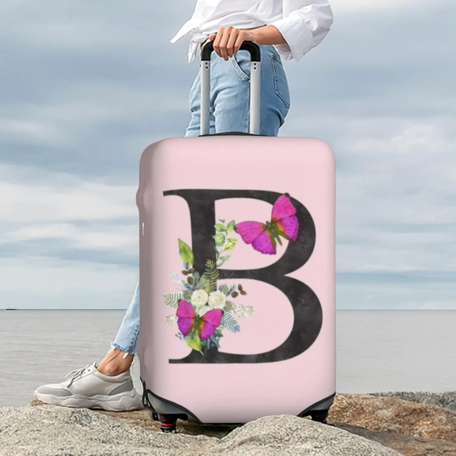 Luggage Cover Flower Butterfly Letter B Pink Suitcase Protector fits 18-32inch Travel Suitcase Cover Dustproof Washable with Concealed Zipper for Wheeled Suitcase LC908