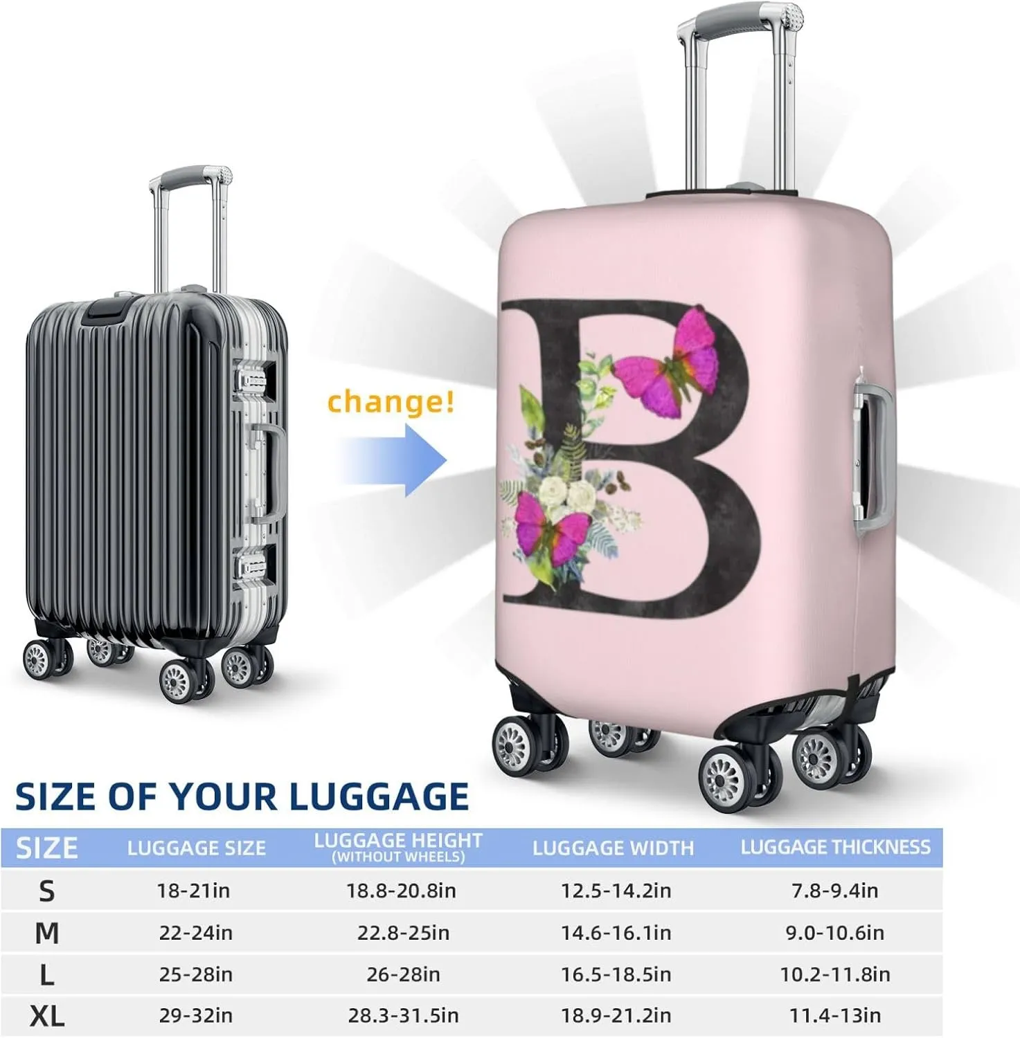 Luggage Cover Flower Butterfly Letter B Pink Suitcase Protector fits 18-32inch Travel Suitcase Cover Dustproof Washable with Concealed Zipper for Wheeled Suitcase LC908