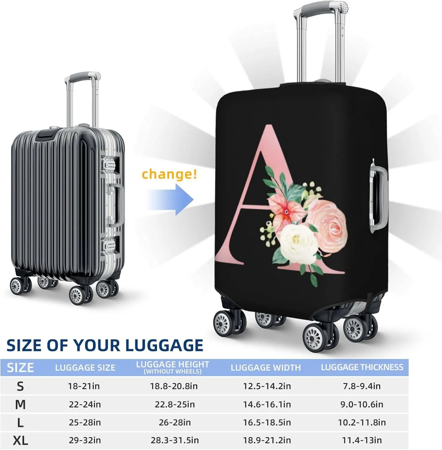 Luggage Cover Flower Letter A Black Suitcase Protector fits 18-32inch Travel Suitcase Cover Washable Dustproof with Concealed Zipper for Wheeled Suitcase LC997