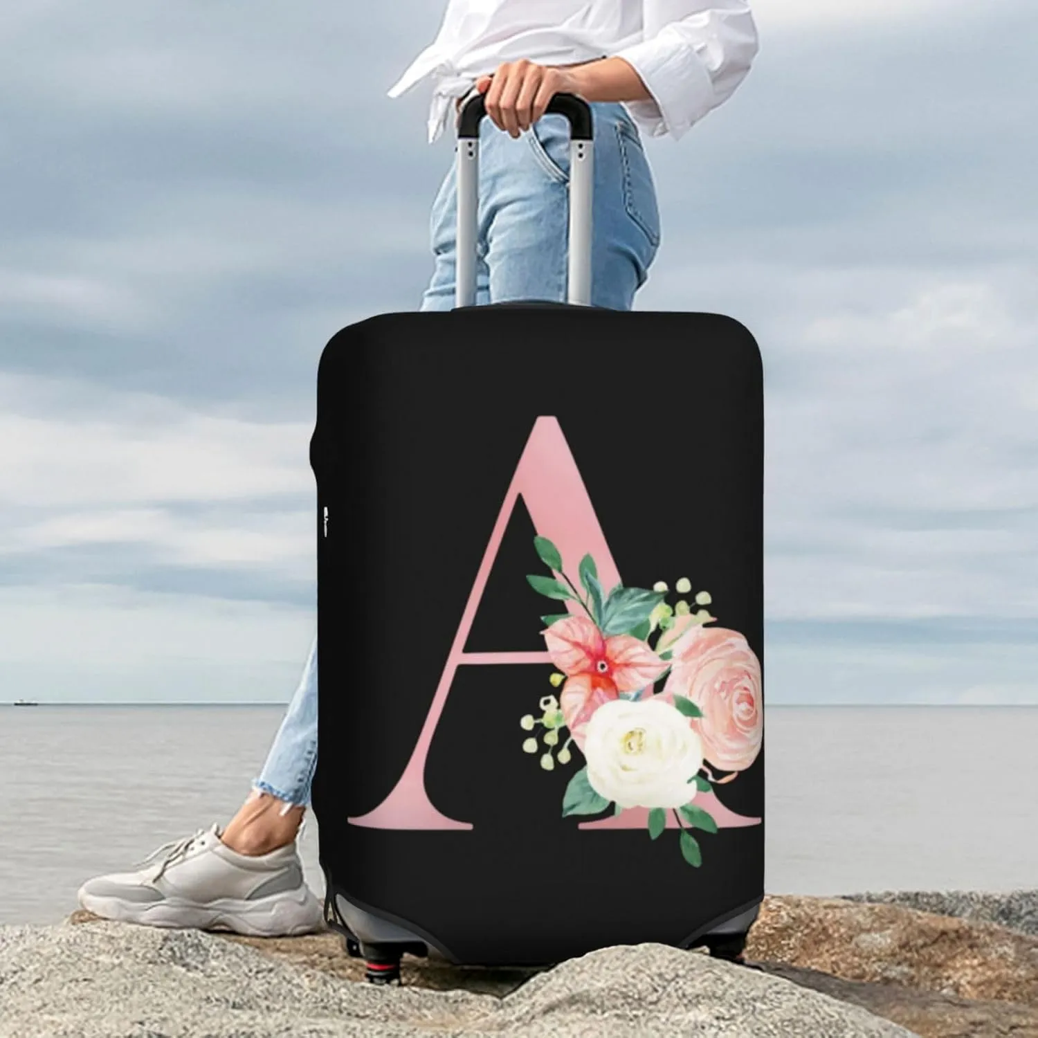 Luggage Cover Flower Letter A Black Suitcase Protector fits 18-32inch Travel Suitcase Cover Washable Dustproof with Concealed Zipper for Wheeled Suitcase LC997