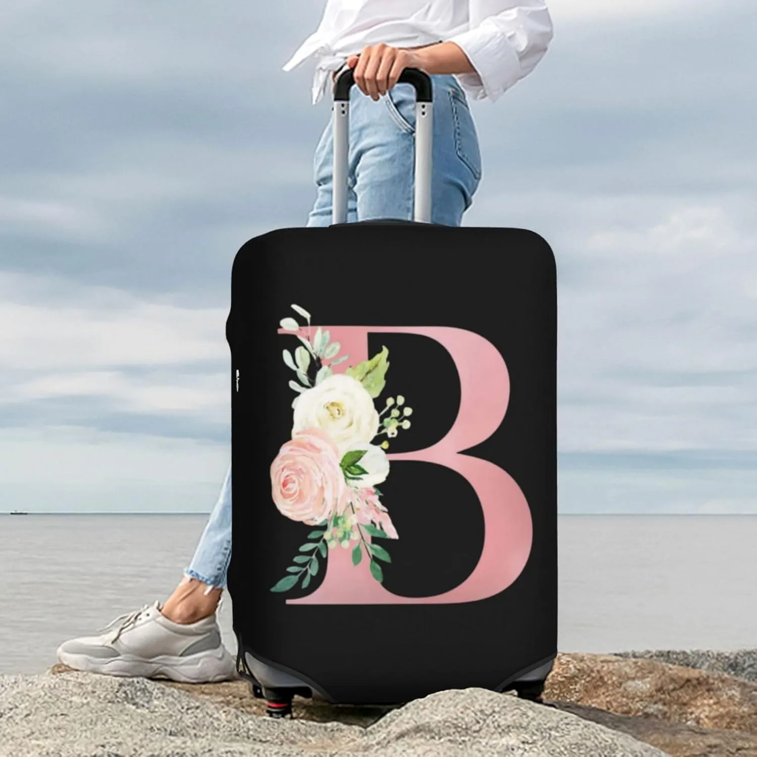 Luggage Cover Flower Letter B Black Suitcase Protector fits 18-32inch Travel Suitcase Cover Washable Dustproof with Concealed Zipper for Wheeled Suitcase LC1003