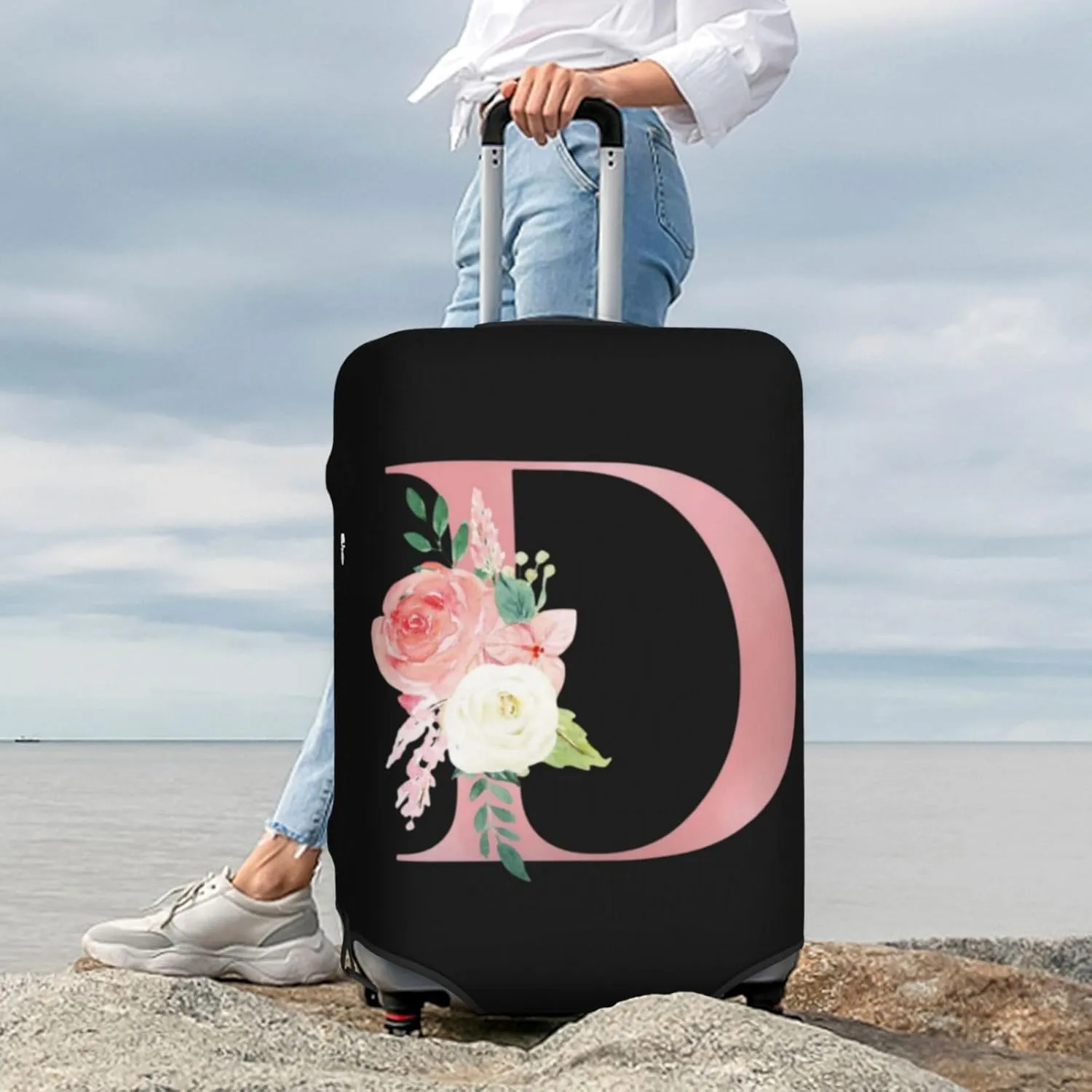 Luggage Cover Flower Letter D Black Suitcase Protector fits 18-32inch Travel Suitcase Cover Washable Dustproof with Concealed Zipper for Wheeled Suitcase LC1011