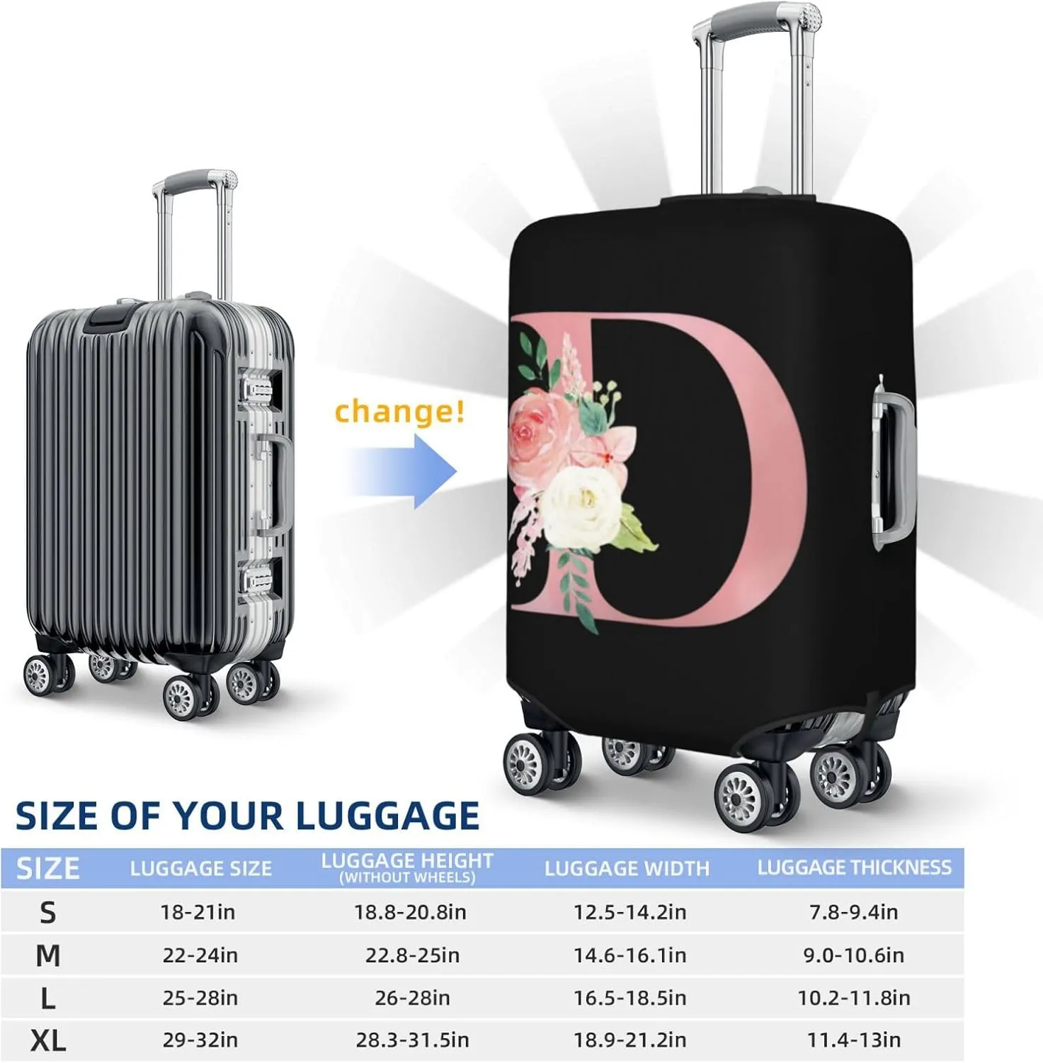 Luggage Cover Flower Letter D Black Suitcase Protector fits 18-32inch Travel Suitcase Cover Washable Dustproof with Concealed Zipper for Wheeled Suitcase LC1011