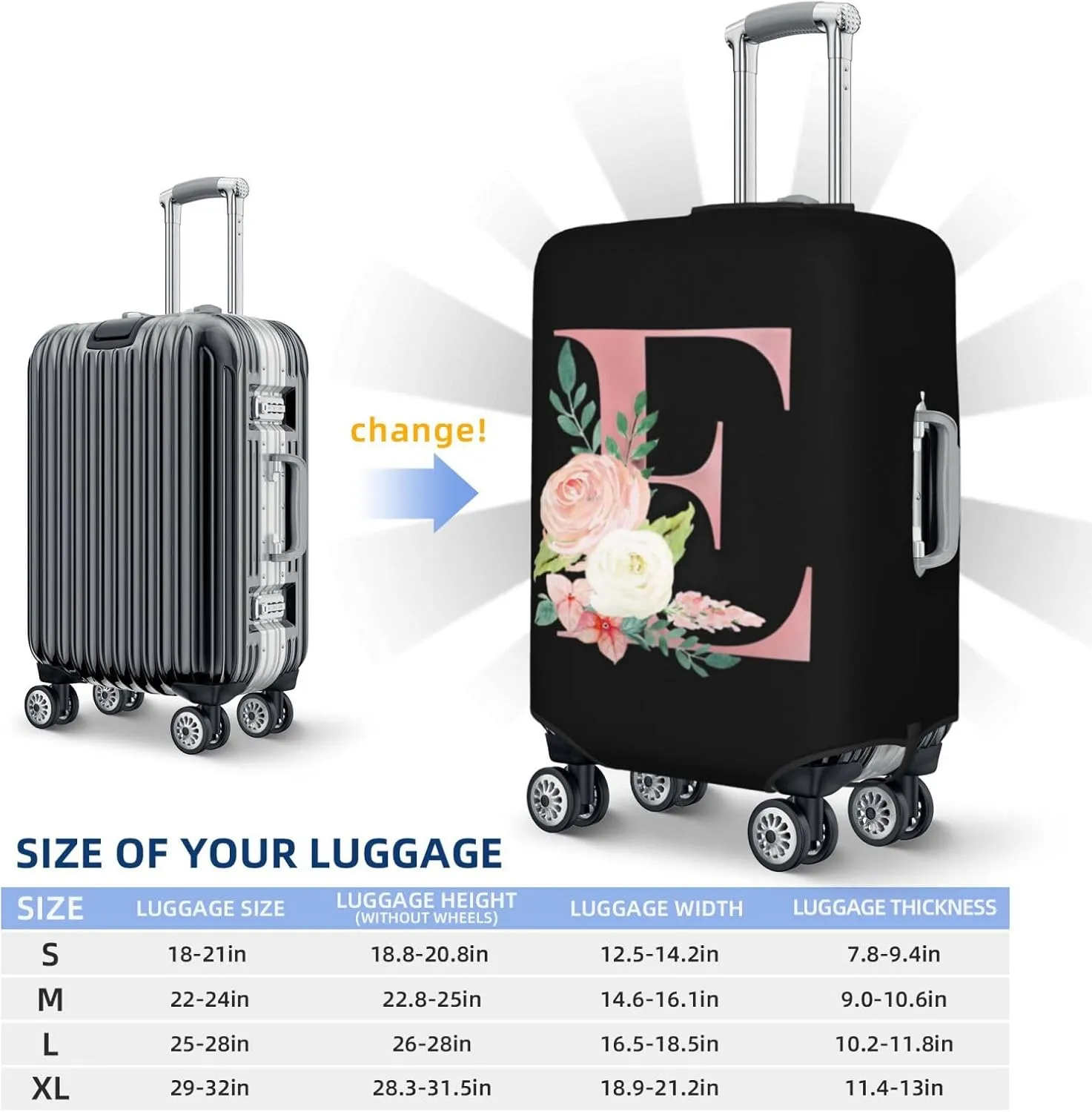 Luggage Cover Flower Letter E Black Suitcase Protector fits 18-32inch Travel Suitcase Cover Washable Dustproof with Concealed Zipper for Wheeled Suitcase LC1013