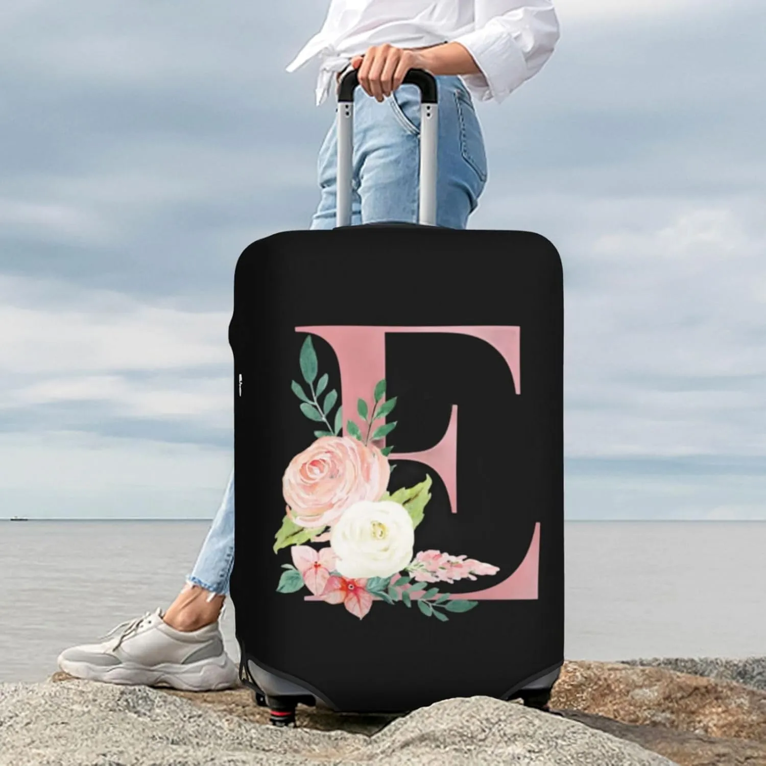 Luggage Cover Flower Letter E Black Suitcase Protector fits 18-32inch Travel Suitcase Cover Washable Dustproof with Concealed Zipper for Wheeled Suitcase LC1013