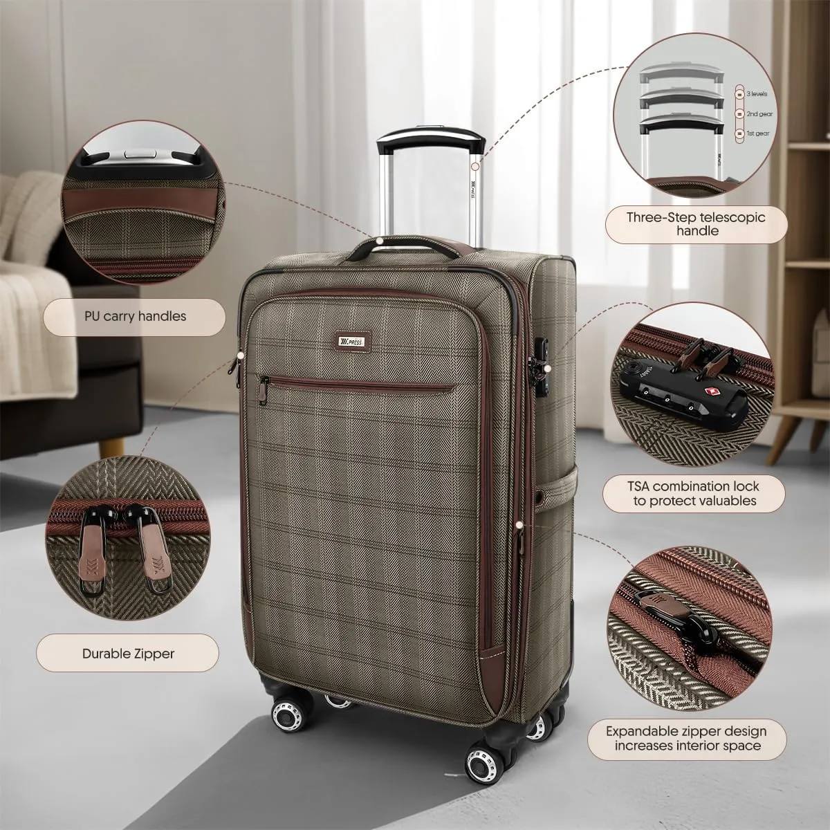 Luggage Sets 3 Piece,Suitcases with Wheels Hardshell,Softside Luggage Set,Foldie Travel Bag Expandable,Charcoal Material W/Tsa Lock & Double Spinner Wheels(20in/26in/30in) COLOR#6
