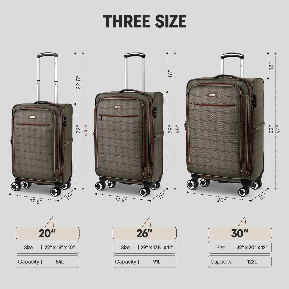 Luggage Sets 3 Piece,Suitcases with Wheels Hardshell,Softside Luggage Set,Foldie Travel Bag Expandable,Charcoal Material W/Tsa Lock & Double Spinner Wheels(20in/26in/30in) COLOR#6
