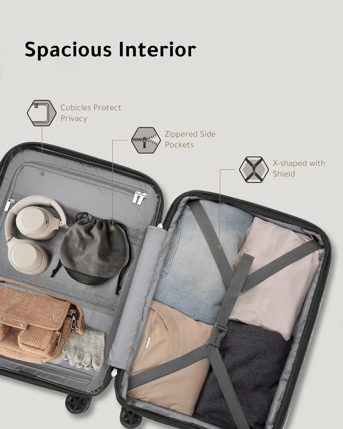 LUGGEX Carry On Luggage 22x14x9 Airline Approved Spinner Wheels, Polypropylene Lightweight Luggage Expandable, Effortless Elegance, High Bounce (Champagne, 20 Inch)