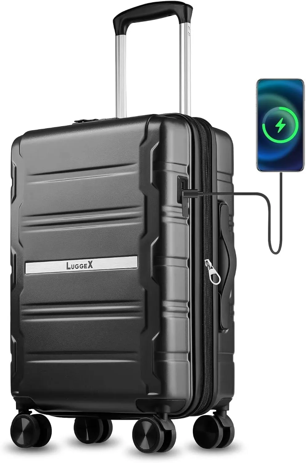 LUGGEX Carry on Luggage Airline Approved, Polycarbonate Hard Shell Suitcase, Expandable Luggage with Charger Port (Black, 20 Inch, 30.7L)
