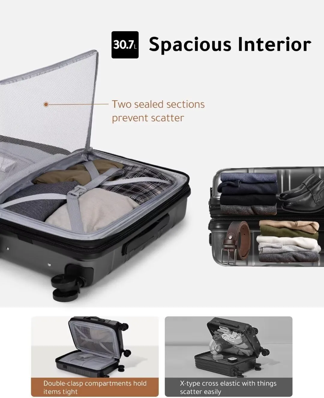 LUGGEX Carry on Luggage Airline Approved, Polycarbonate Hard Shell Suitcase, Expandable Luggage with Charger Port (Black, 20 Inch, 30.7L)