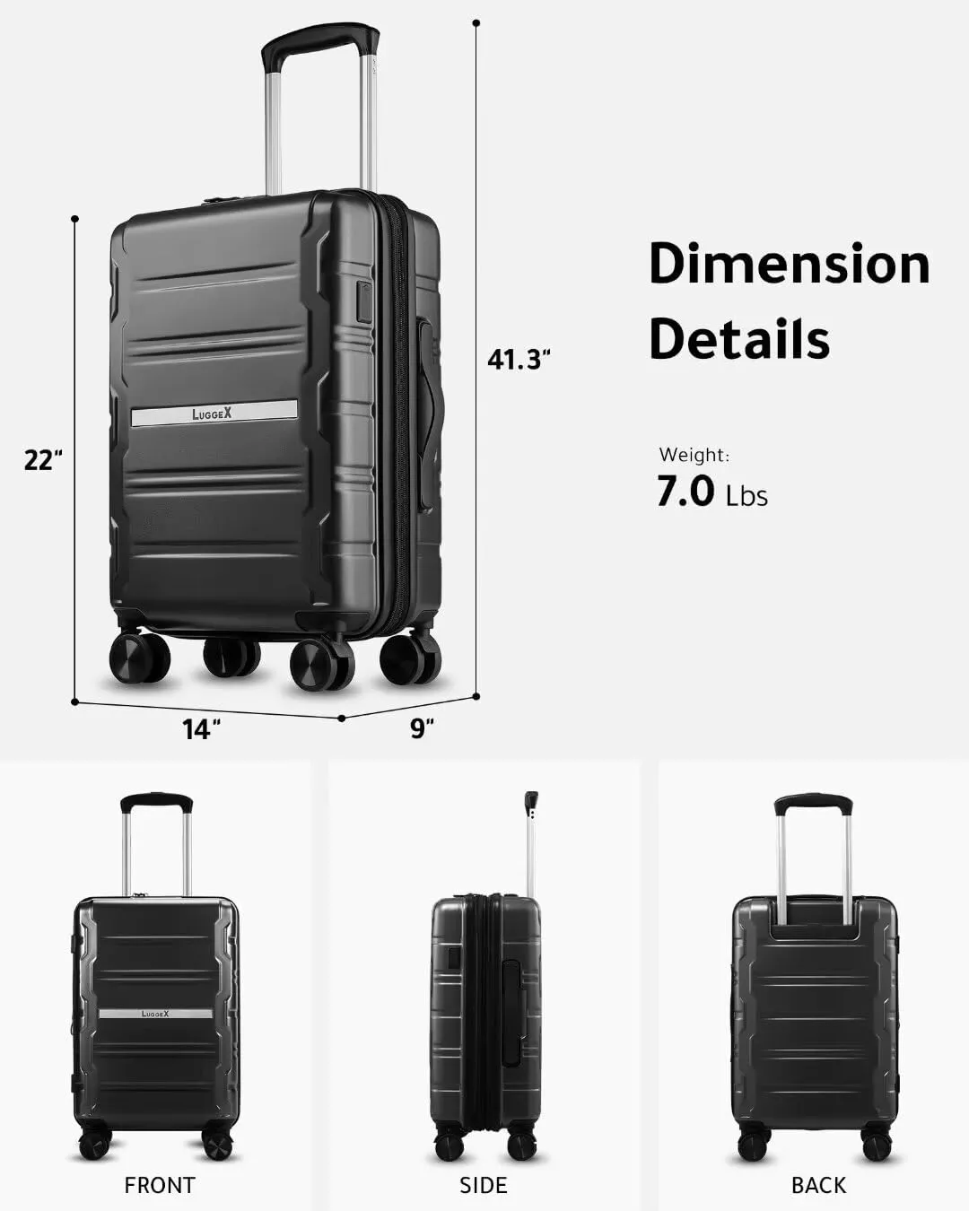 LUGGEX Carry on Luggage Airline Approved, Polycarbonate Hard Shell Suitcase, Expandable Luggage with Charger Port (Black, 20 Inch, 30.7L)