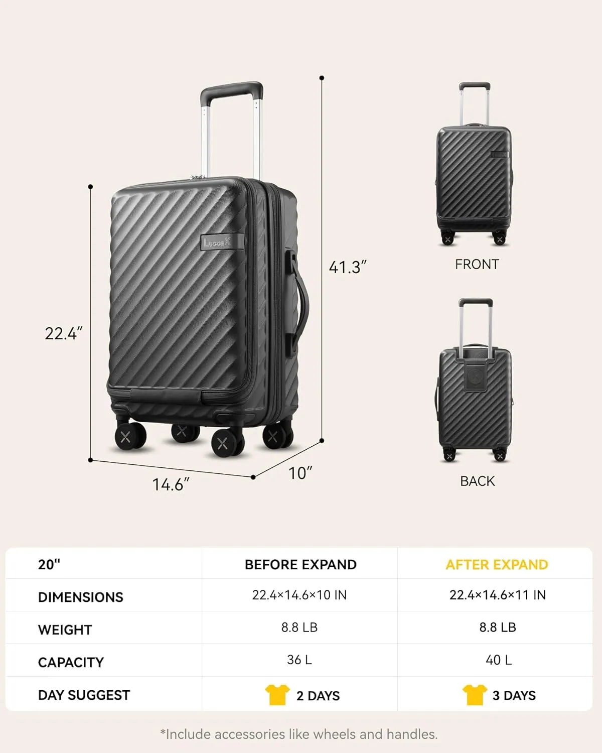 LUGGEX Carry On Luggage with Compartment and Cup Holder, Expandable PC Hard Shell Suitcase with Front Pocket (Gunmetal, 2-Piece (20/Tote))