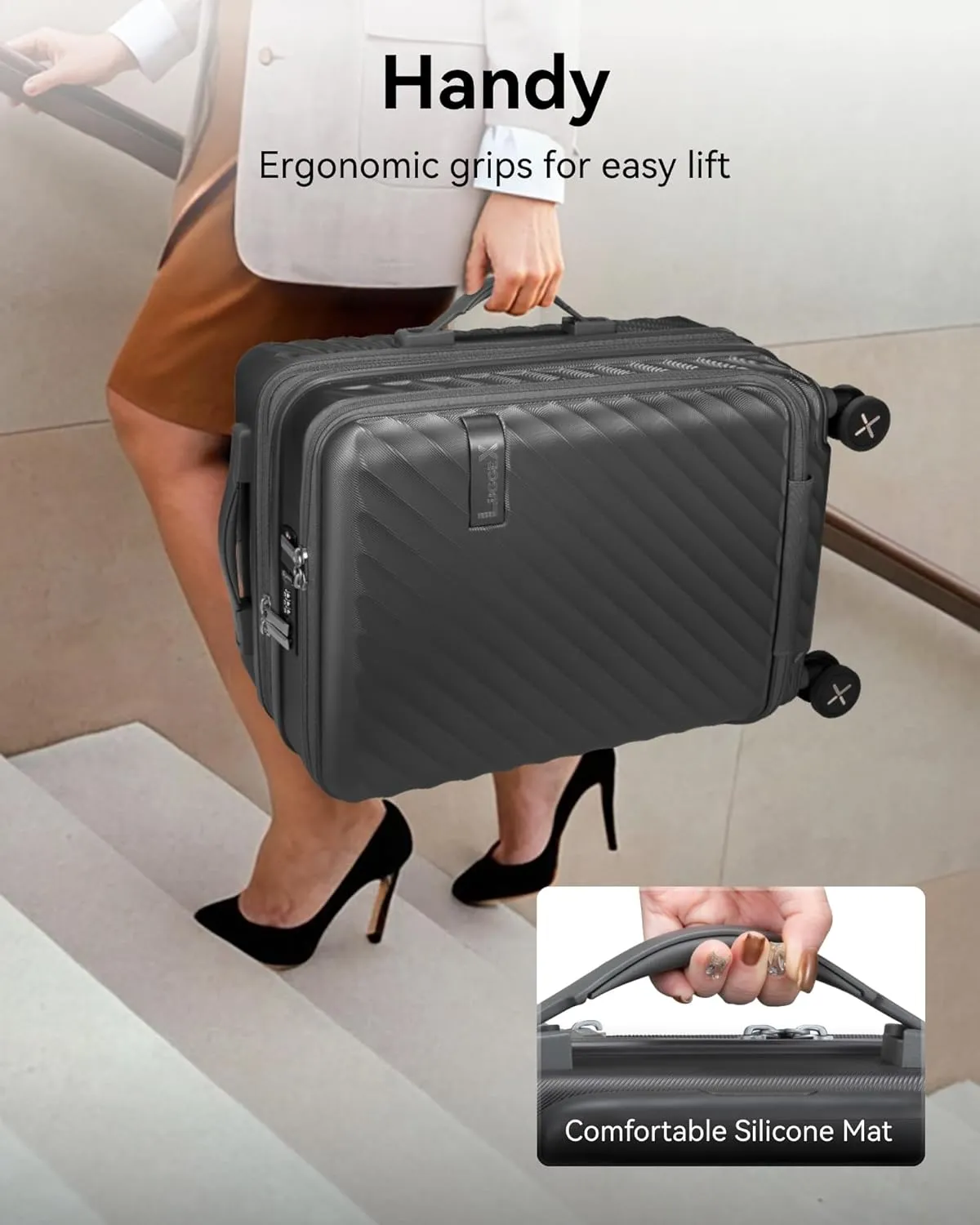 LUGGEX Carry On Luggage with Compartment and Cup Holder, Expandable PC Hard Shell Suitcase with Front Pocket (Gunmetal, 2-Piece (20/Tote))