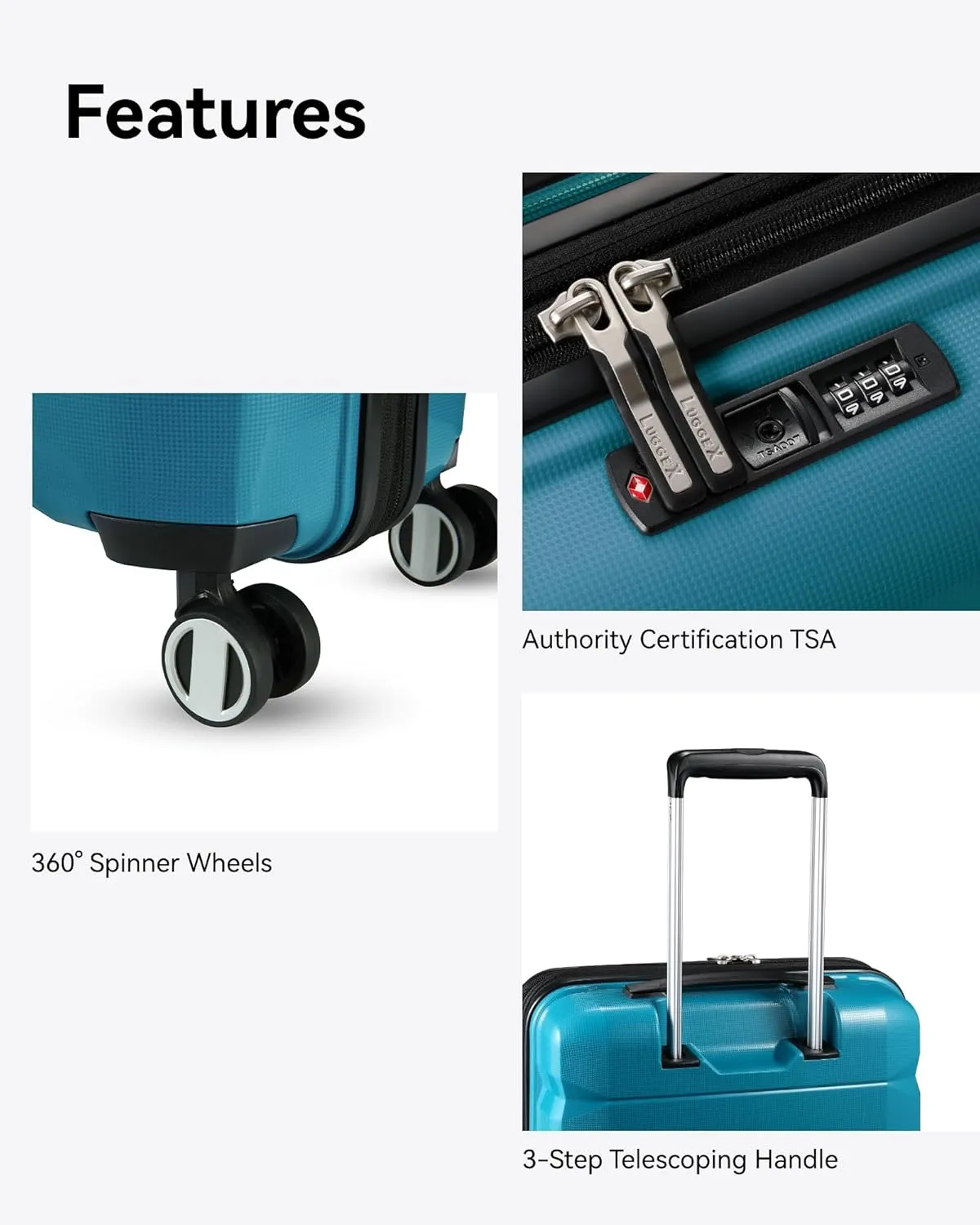 LUGGEX Carry on Luggage with Spinner Wheels, Lightweight Suitcase 2 Piece, Expandable (Teal, 14/20)