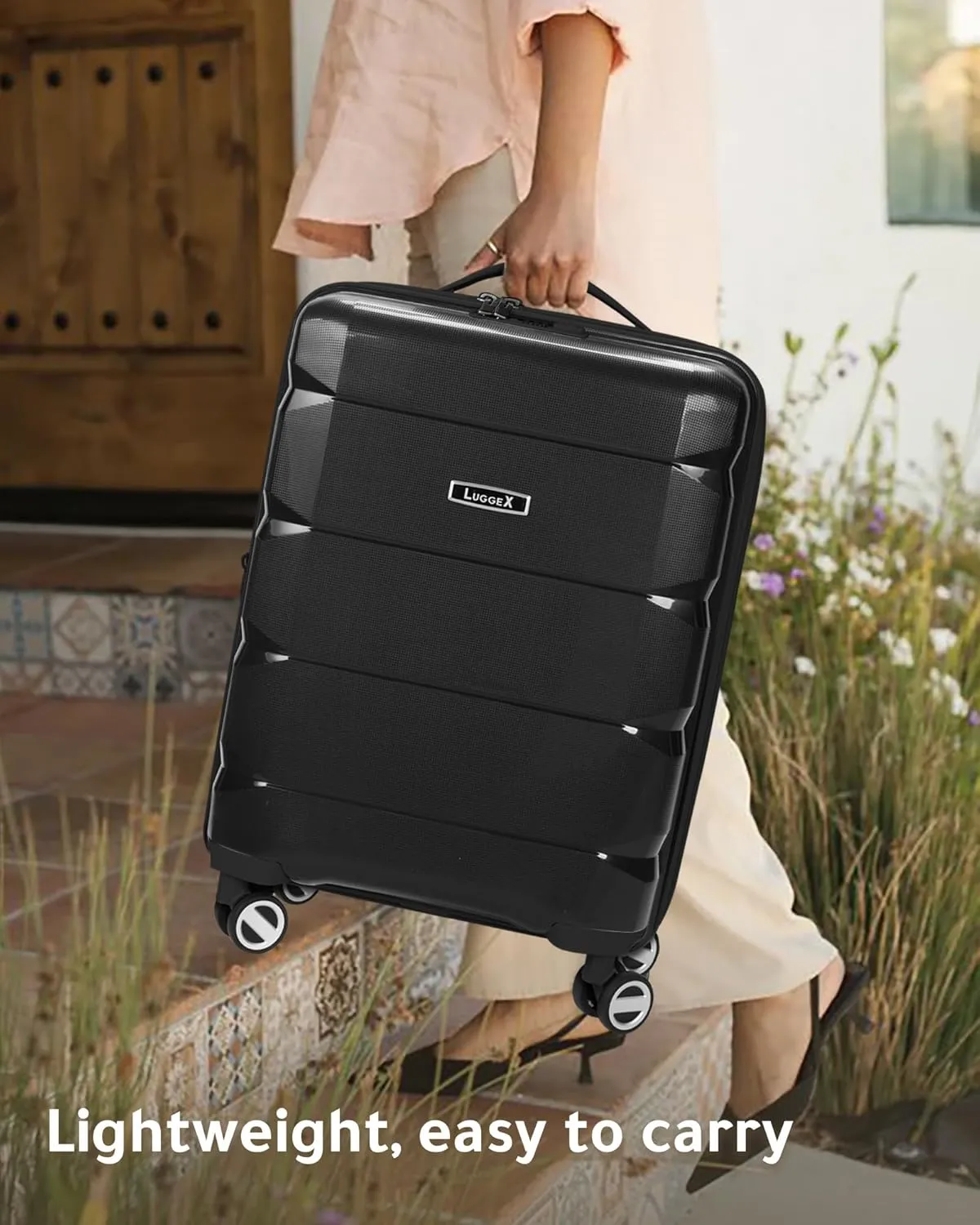 LUGGEX Checked Luggage with Spinner Wheels, PP Lightweight Suitcase for Travel, Expandable(Black, 24 Inch)
