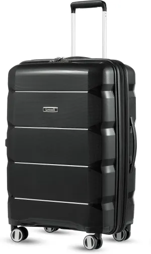 LUGGEX Checked Luggage with Spinner Wheels, PP Lightweight Suitcase for Travel, Expandable(Black, 24 Inch)