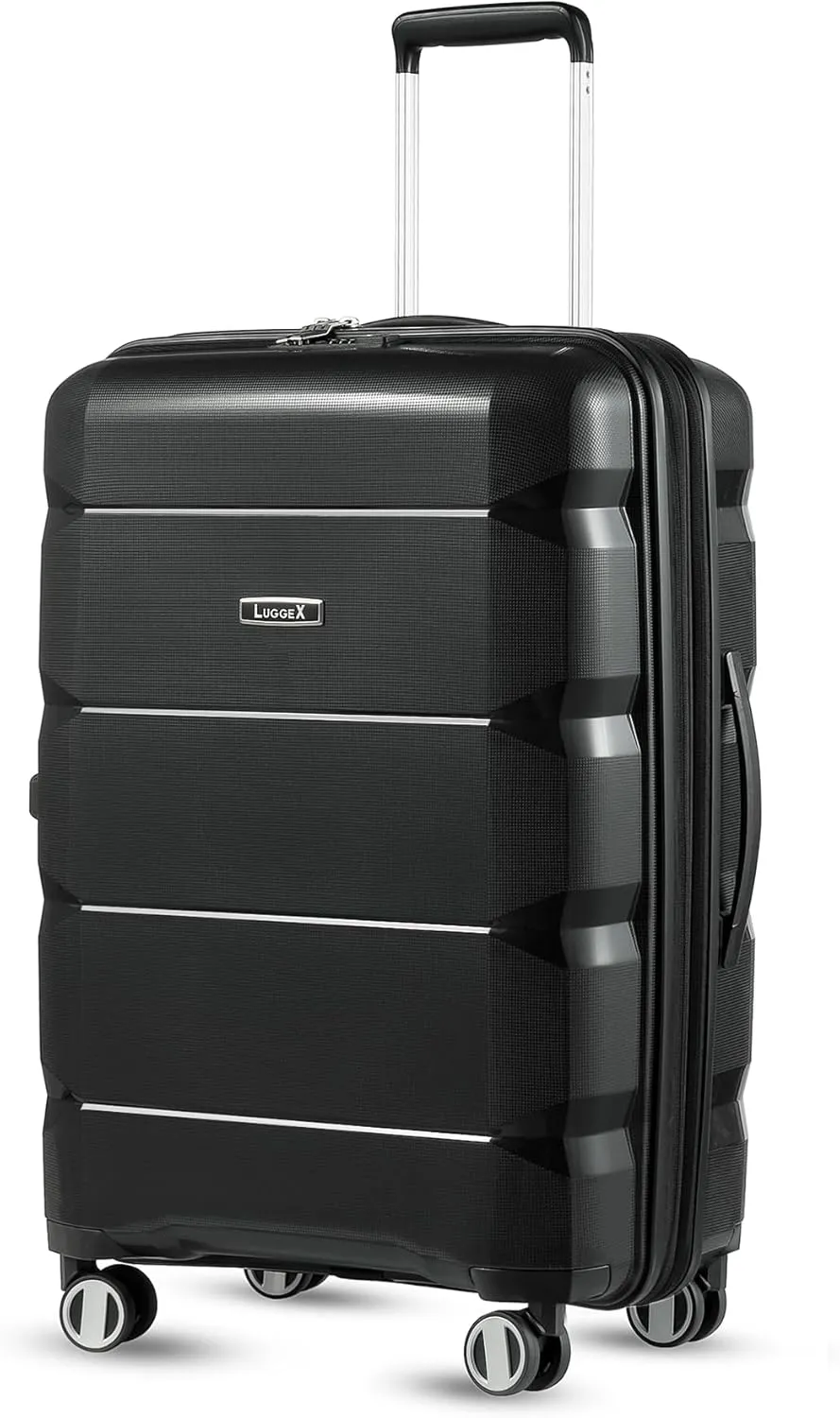 LUGGEX Checked Luggage with Spinner Wheels, PP Lightweight Suitcase for Travel, Expandable(Black, 24 Inch)