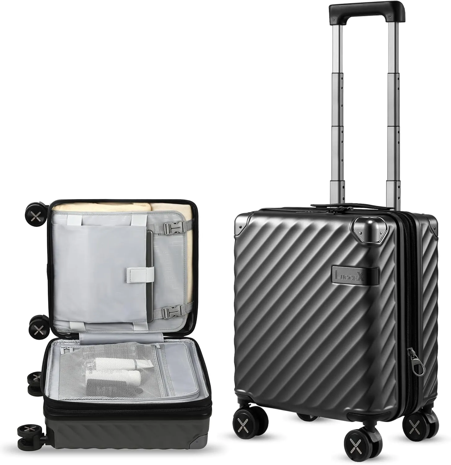 LUGGEX Luggage with Spinner Wheels, Polycarbonate Expandable Hard Shell Suitcase, Carry On 16 Inch, Charcoal Metallic