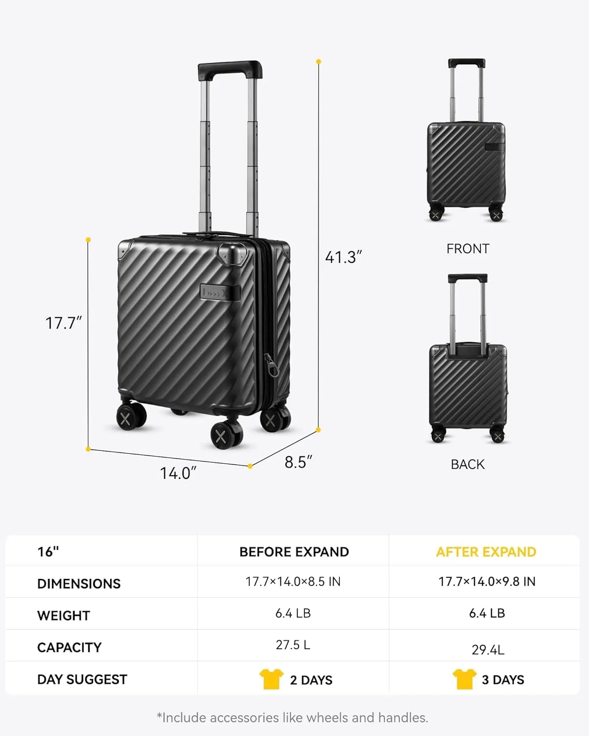 LUGGEX Luggage with Spinner Wheels, Polycarbonate Expandable Hard Shell Suitcase, Carry On 16 Inch, Charcoal Metallic