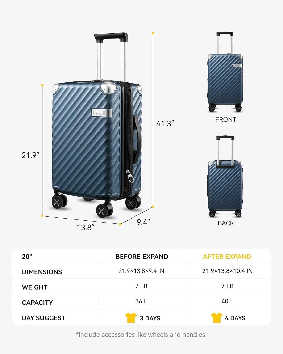 LUGGEX Luggage with Spinner Wheels, Polycarbonate Expandable Hard Shell Suitcase, Carry On 20 Inch, Utility Blue