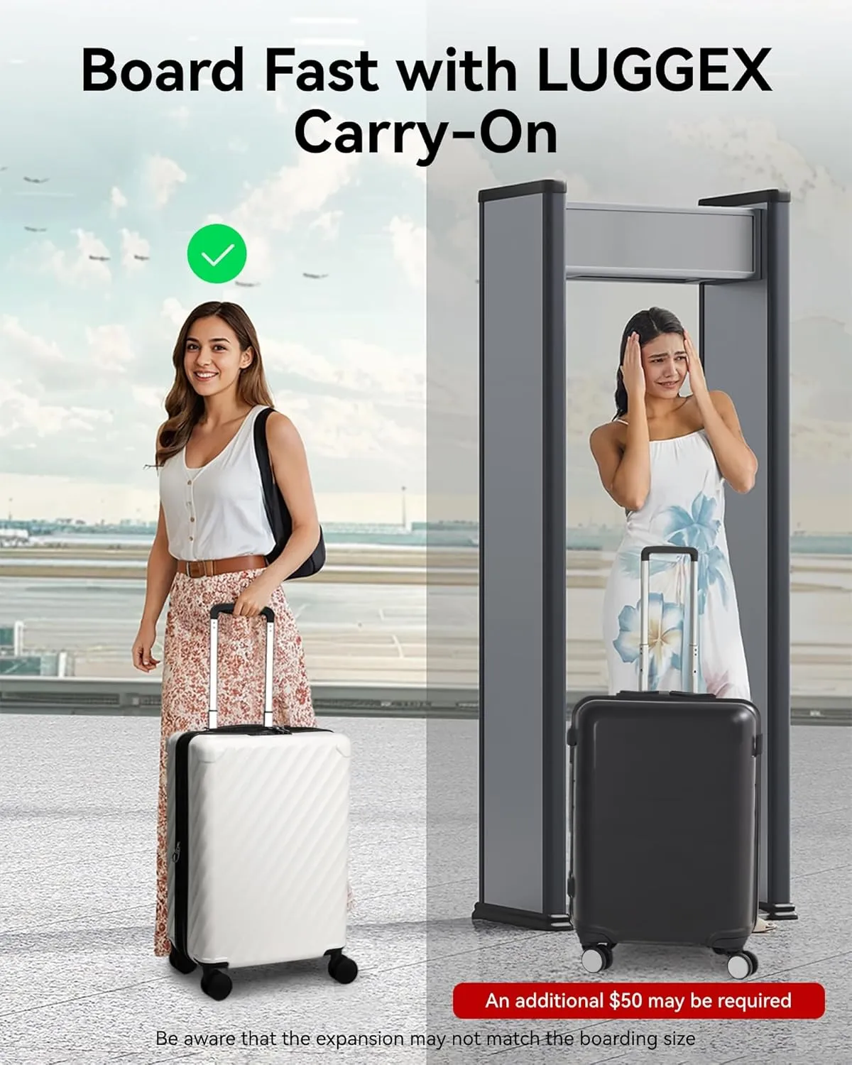 LUGGEX Luggage with Spinner Wheels, Polycarbonate Expandable Hard Shell Suitcase, Carry On 20 Inch, White
