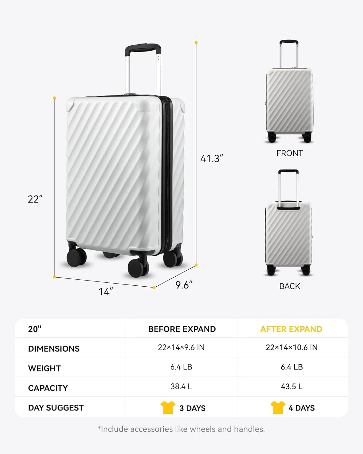 LUGGEX Luggage with Spinner Wheels, Polycarbonate Expandable Hard Shell Suitcase, Carry On 20 Inch, White