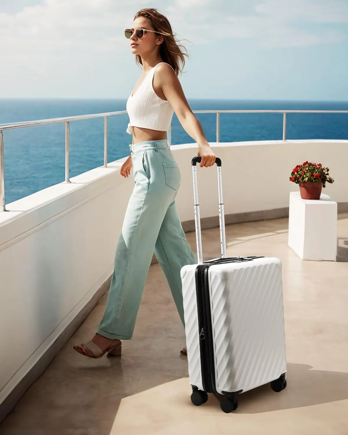 LUGGEX Luggage with Spinner Wheels, Polycarbonate Expandable Hard Shell Suitcase, Carry On 20 Inch, White