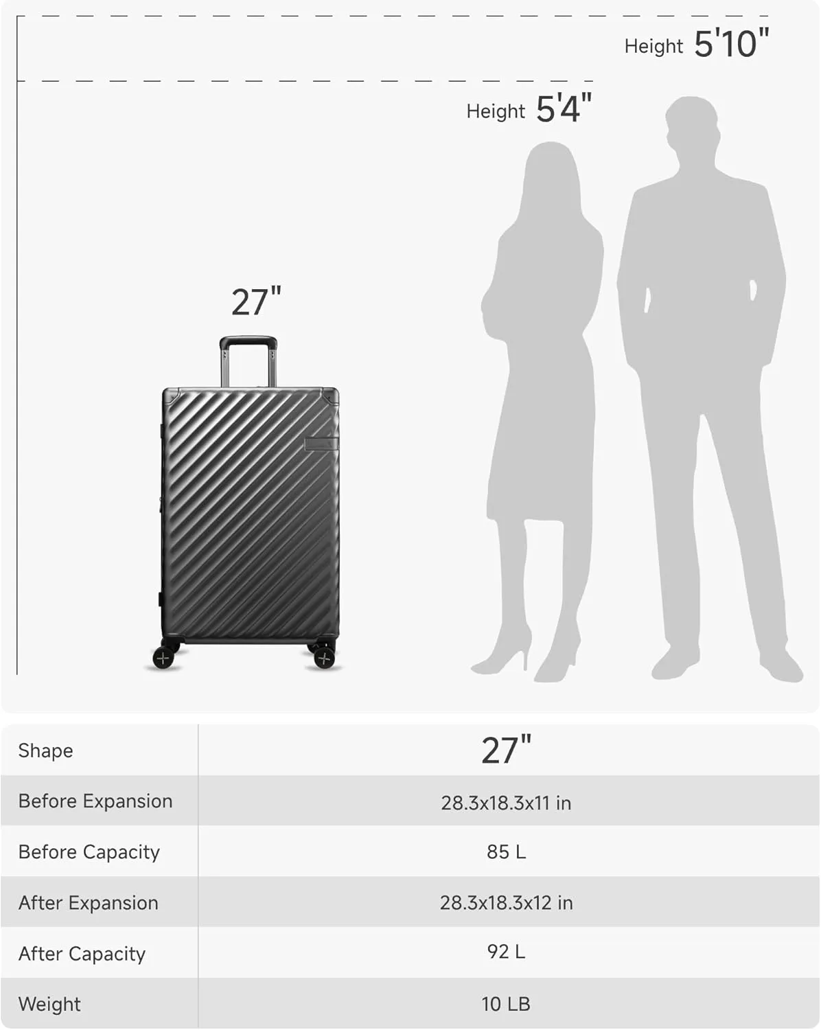 LUGGEX Luggage with Spinner Wheels, Polycarbonate Expandable Hard Shell Suitcase, Checked Large 27 Inch, Charcoal Metallic