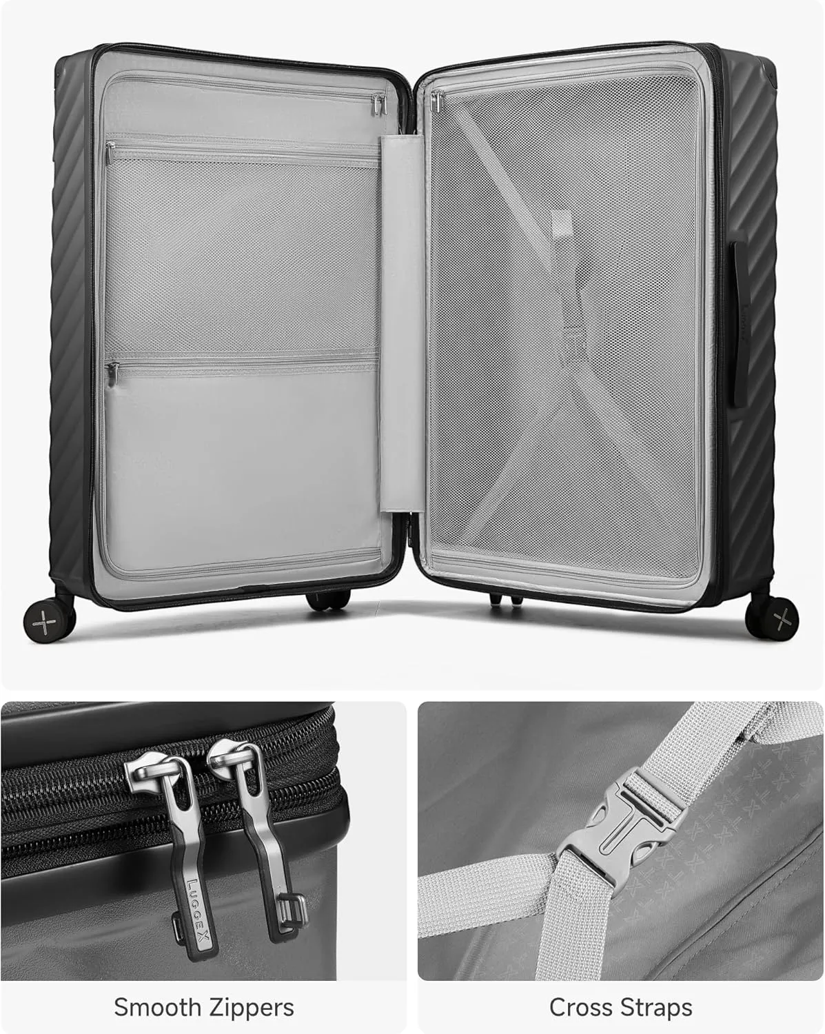 LUGGEX Luggage with Spinner Wheels, Polycarbonate Expandable Hard Shell Suitcase, Checked Large 27 Inch, Charcoal Metallic
