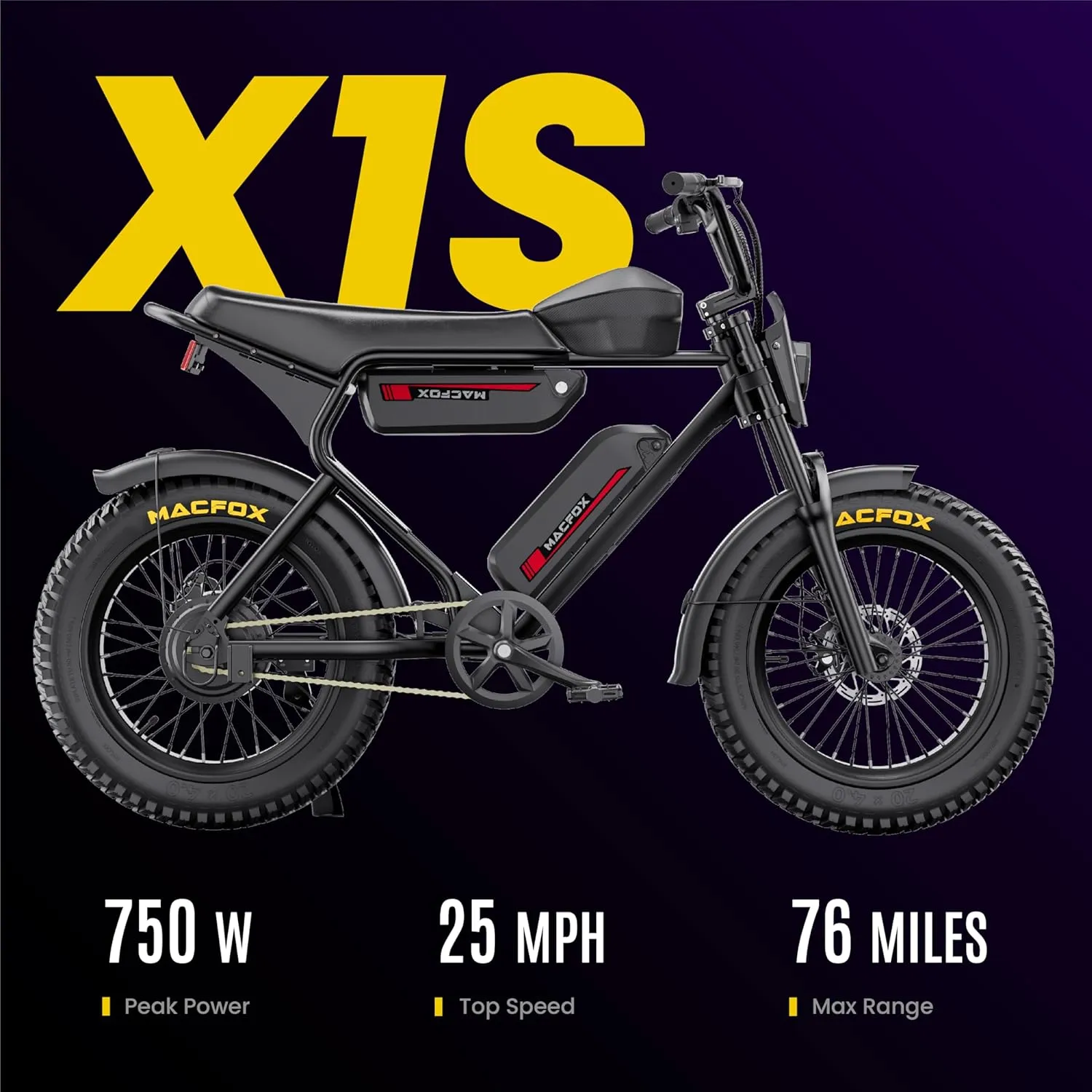 MACFOX X1S 2025 Ebikes for Adults, 750W Electric Bike Wheelie 25 MPH Max Speed, 38 Miles Range, 20" Fat Tire E-Bike with Front Suspension, E-Bikes for Riding to School (Class-3)