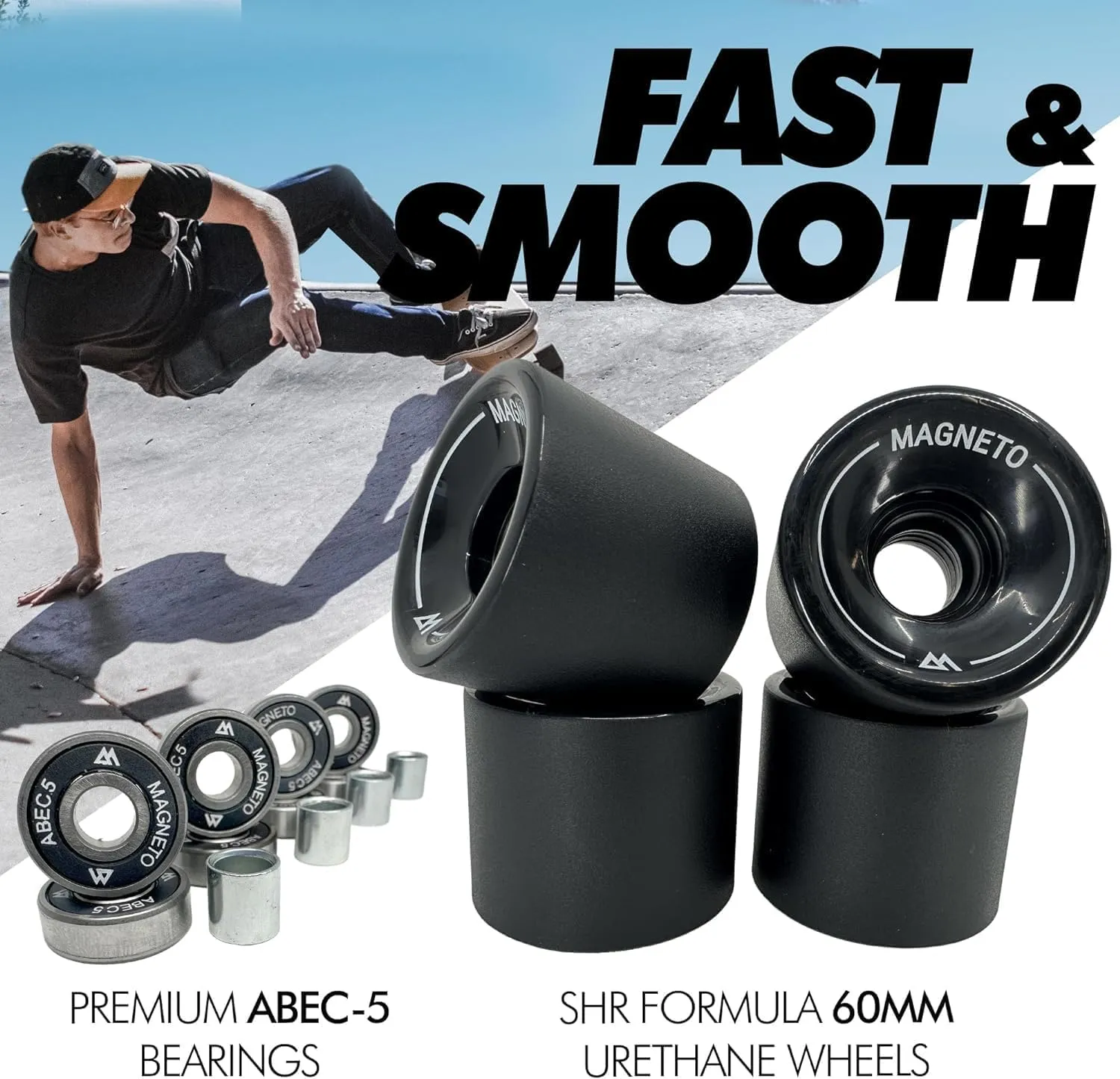 Magneto Complete Skateboard | 27.5" x 7.5" | Canadian Maple Wood | 60 MM Urethane Wheels | Double Kick Concave Deck | Kids Skateboard Cruiser Skateboards | Skateboard for Beginners, Teens & Adults