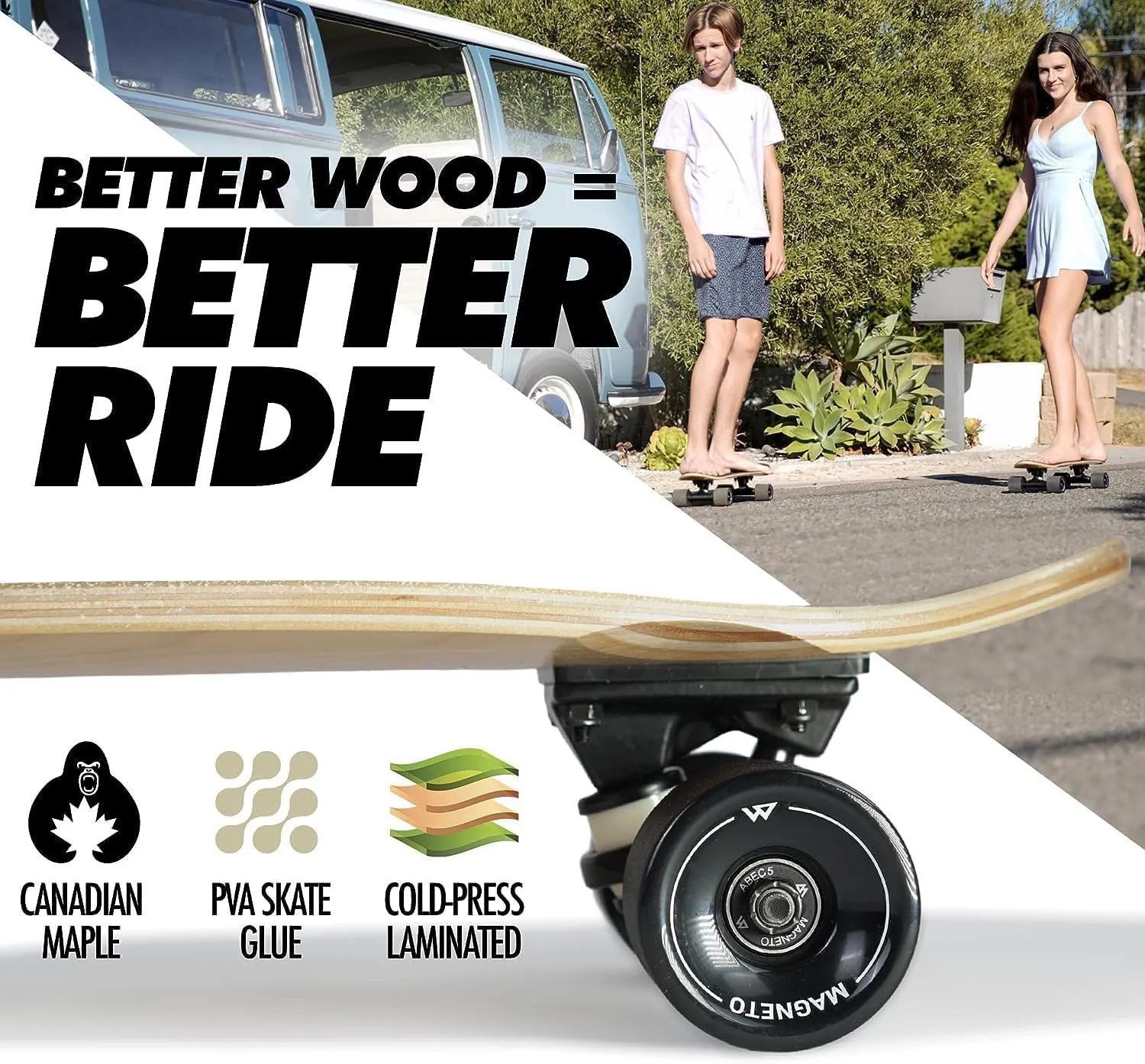 Magneto Complete Skateboard | 27.5" x 7.5" | Canadian Maple Wood | 60 MM Urethane Wheels | Double Kick Concave Deck | Kids Skateboard Cruiser Skateboards | Skateboard for Beginners, Teens & Adults