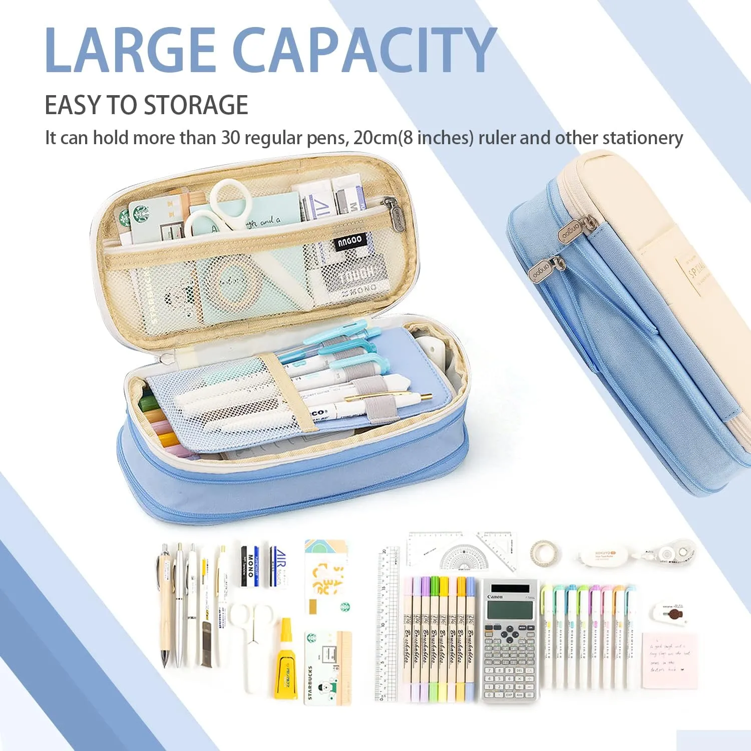 MAMUNU Large Capacity Pencil Case, Expandable Stationery Bag with Zipper Compartments, Aesthetic Pencil Case Pouch for Office College School Students Teen Girls Boys