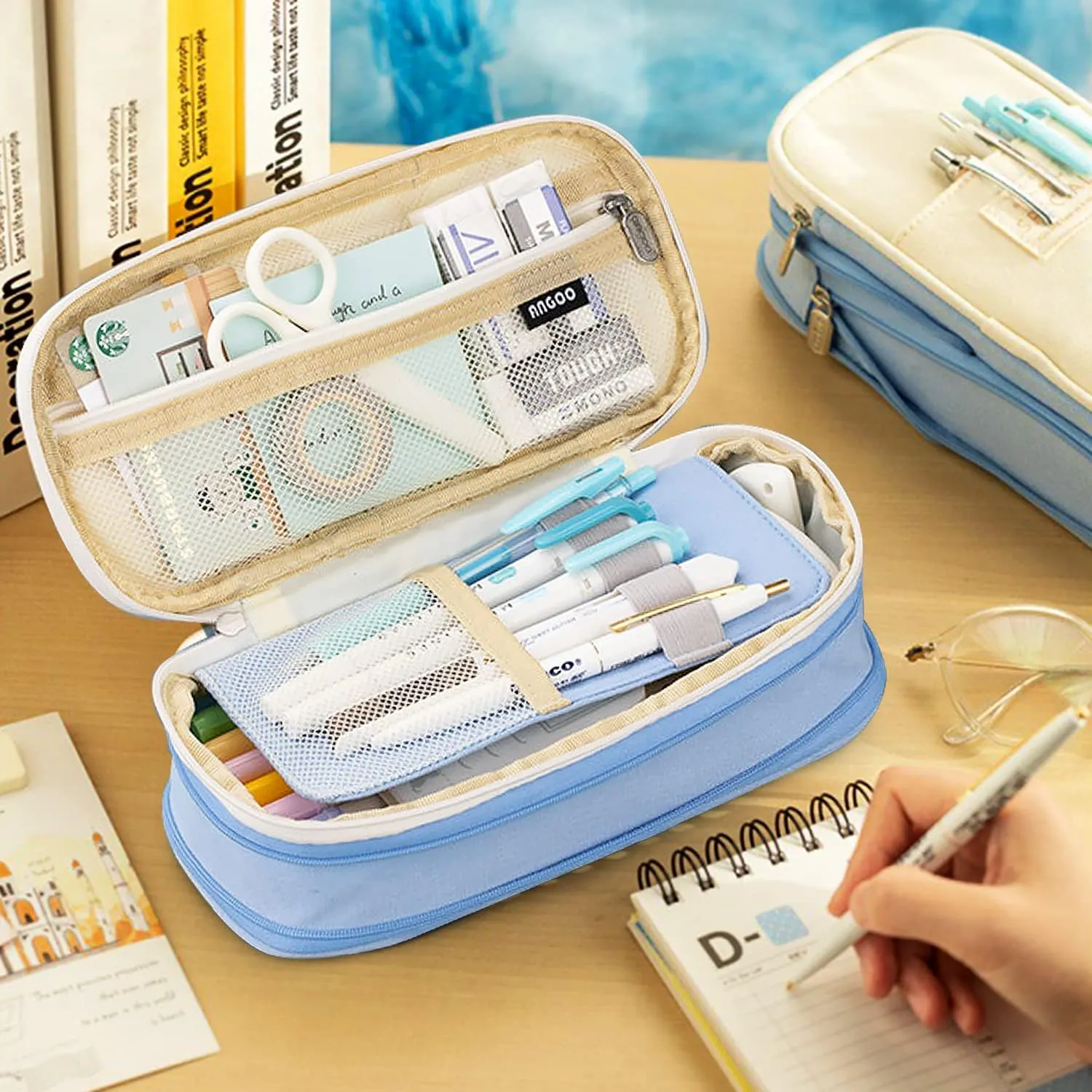 MAMUNU Large Capacity Pencil Case, Expandable Stationery Bag with Zipper Compartments, Aesthetic Pencil Case Pouch for Office College School Students Teen Girls Boys