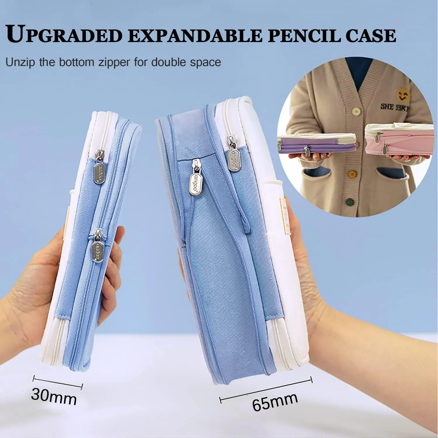 MAMUNU Large Capacity Pencil Case, Expandable Stationery Bag with Zipper Compartments, Aesthetic Pencil Case Pouch for Office College School Students Teen Girls Boys