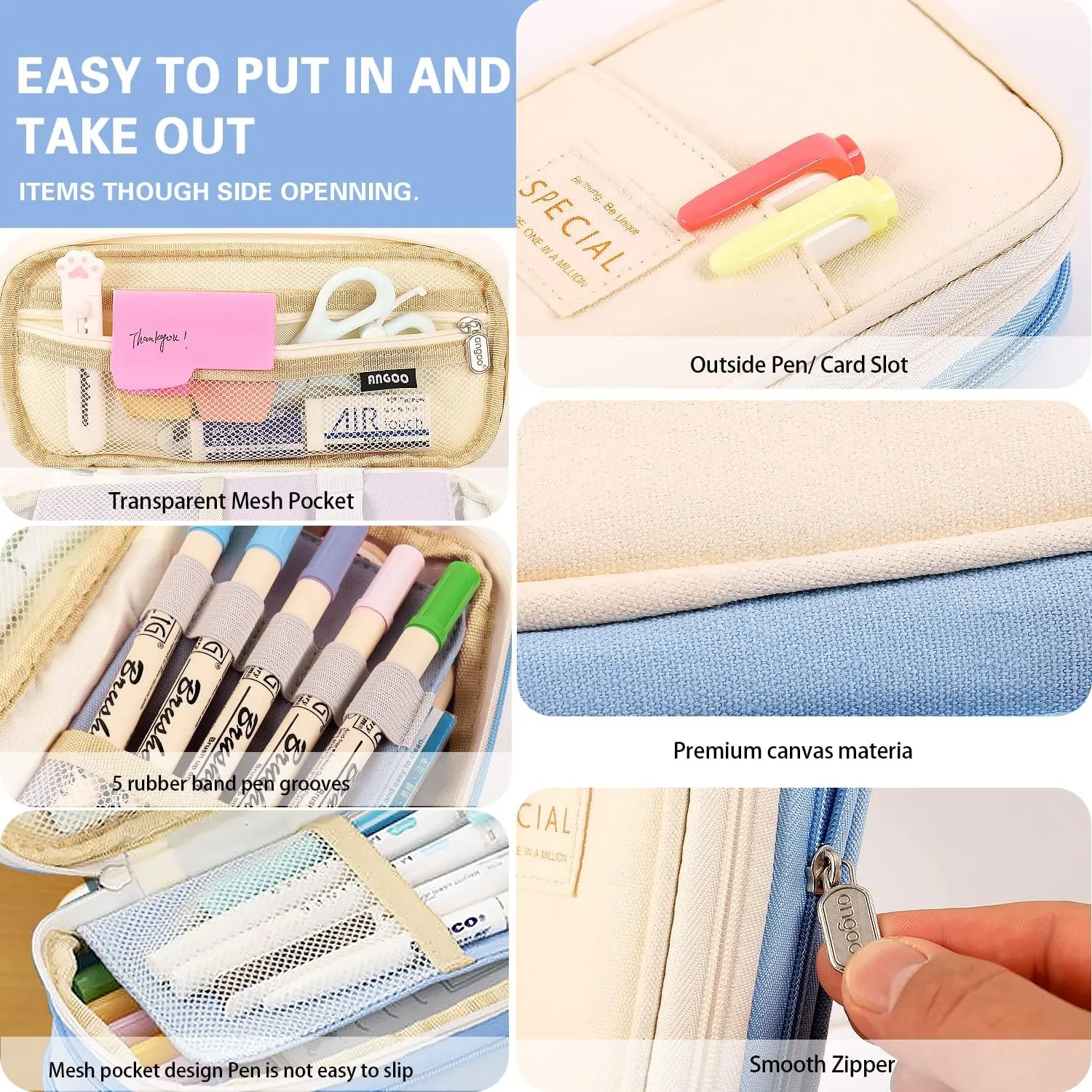 MAMUNU Large Capacity Pencil Case, Expandable Stationery Bag with Zipper Compartments, Aesthetic Pencil Case Pouch for Office College School Students Teen Girls Boys
