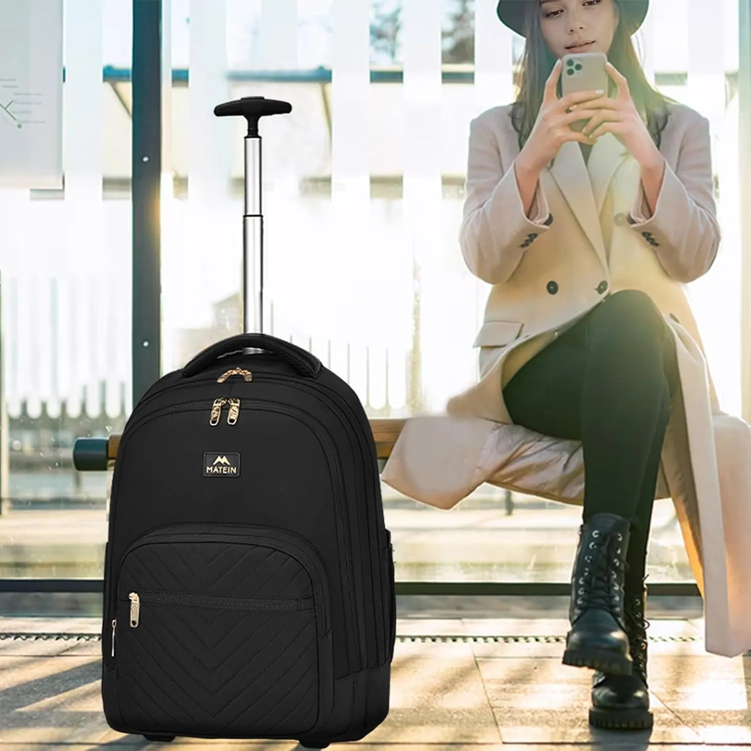 MATEIN Wheeled Backpack, 18 Inch Large Water Resistant Laptop Backpack with Wheels, Carry On Business Roller Bag for Women, Trolley Suitcase for Adults to Travel, Overnight Bag for Work College, Black