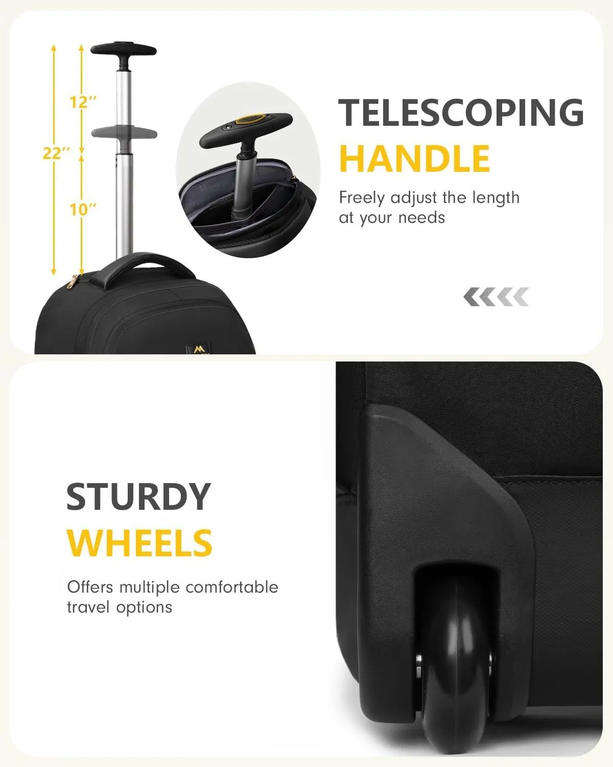 MATEIN Wheeled Backpack, 18 Inch Large Water Resistant Laptop Backpack with Wheels, Carry On Business Roller Bag for Women, Trolley Suitcase for Adults to Travel, Overnight Bag for Work College, Black