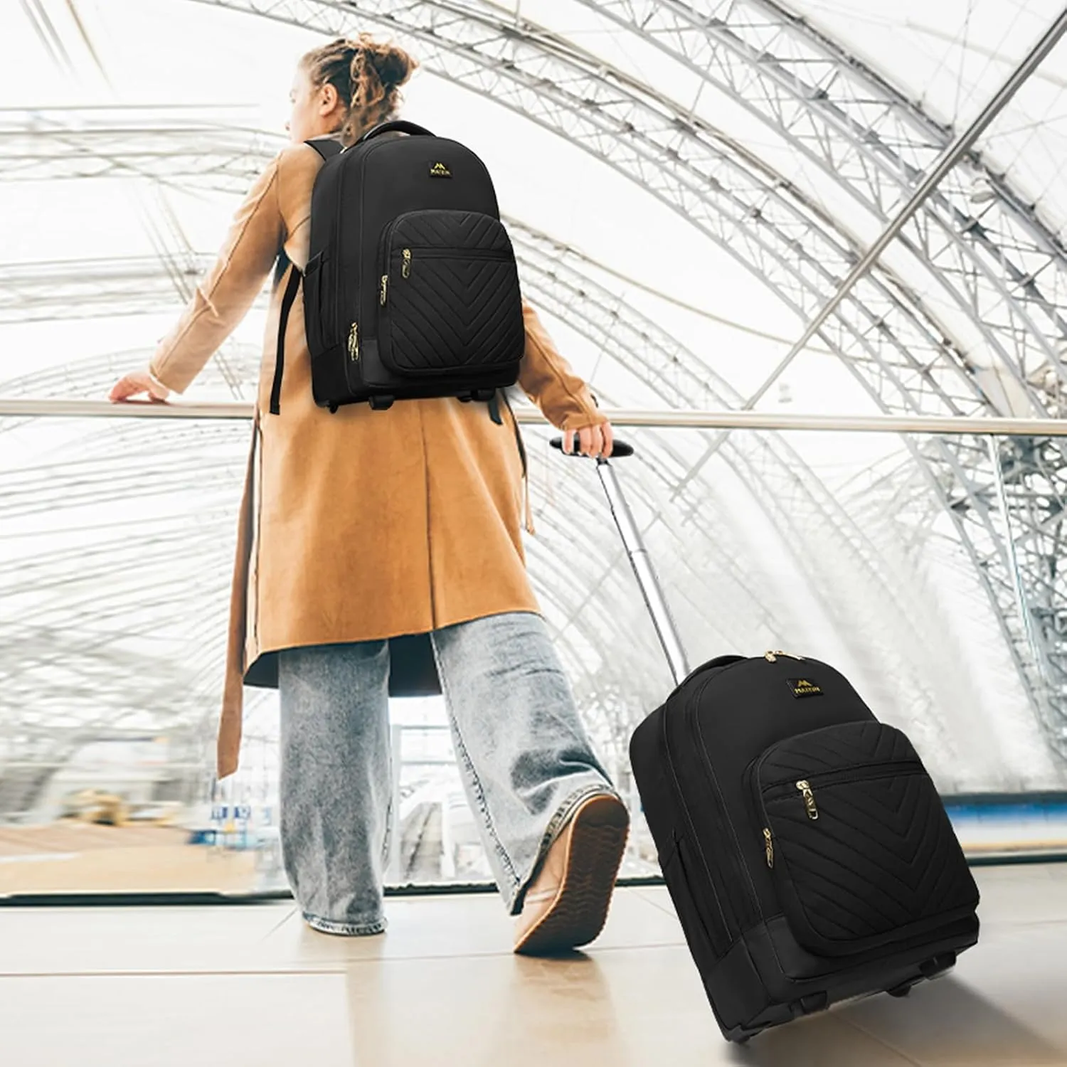 MATEIN Wheeled Backpack, 18 Inch Large Water Resistant Laptop Backpack with Wheels, Carry On Business Roller Bag for Women, Trolley Suitcase for Adults to Travel, Overnight Bag for Work College, Black