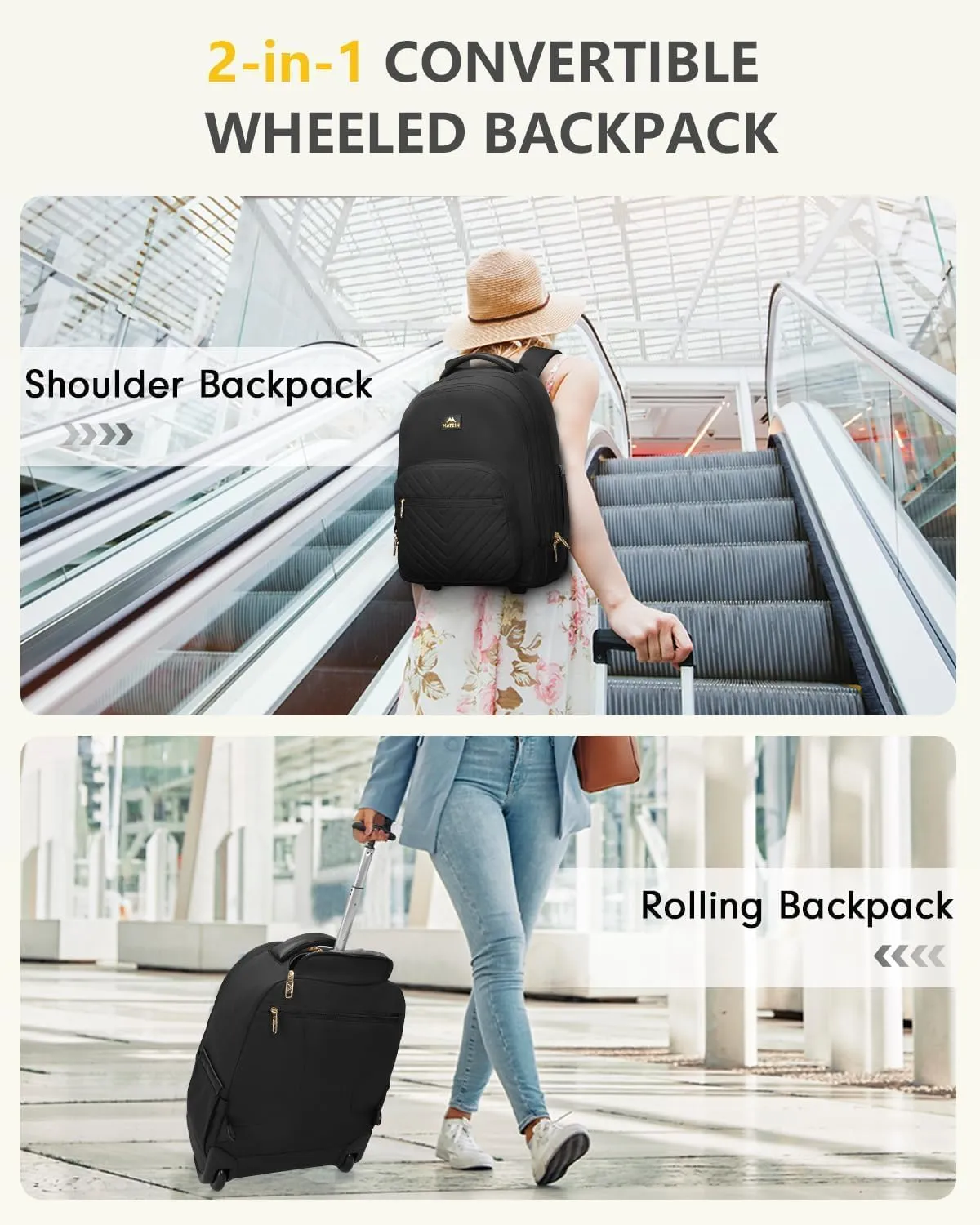 MATEIN Wheeled Backpack, 18 Inch Large Water Resistant Laptop Backpack with Wheels, Carry On Business Roller Bag for Women, Trolley Suitcase for Adults to Travel, Overnight Bag for Work College, Black