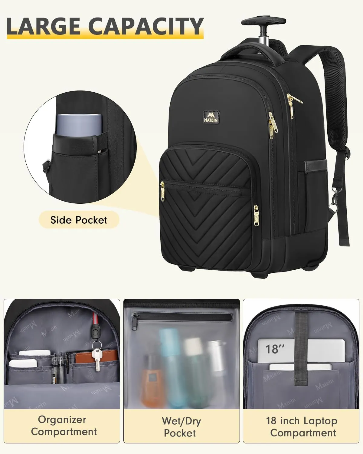 MATEIN Wheeled Backpack, 18 Inch Large Water Resistant Laptop Backpack with Wheels, Carry On Business Roller Bag for Women, Trolley Suitcase for Adults to Travel, Overnight Bag for Work College, Black