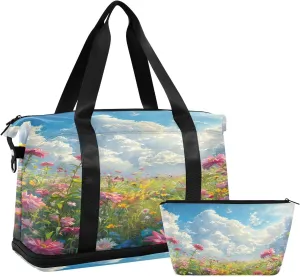 Meadow Filled Roses Gym Bag - Weekender Overnight Bags for Women Men, Sport Travel Duffel Bag with Wet Pocket & Shoe Compartment